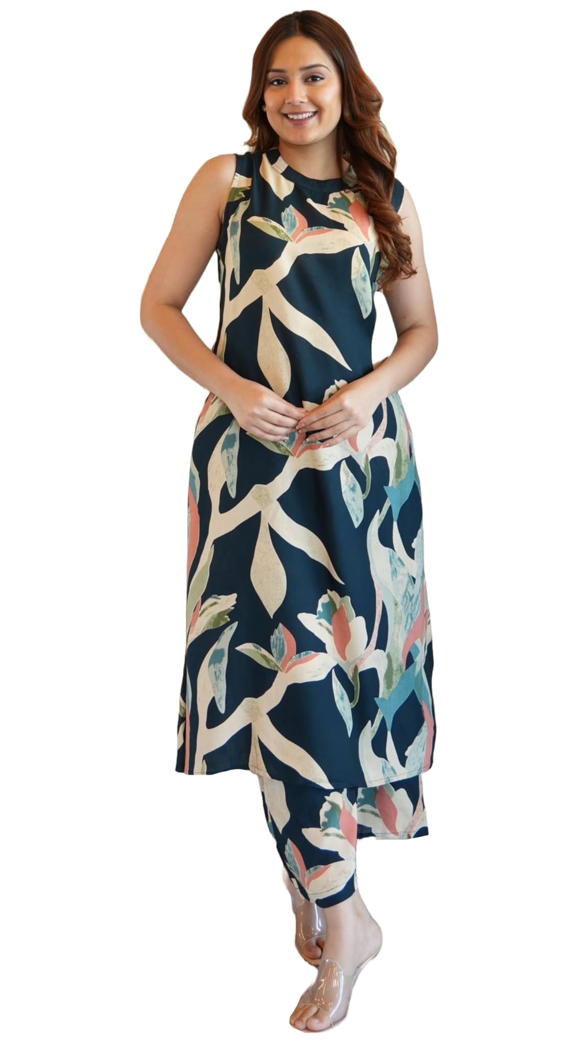 ANNI DESIGNER Women s Palazzo Printed Viscose A-Line Kurta, Green, Medium