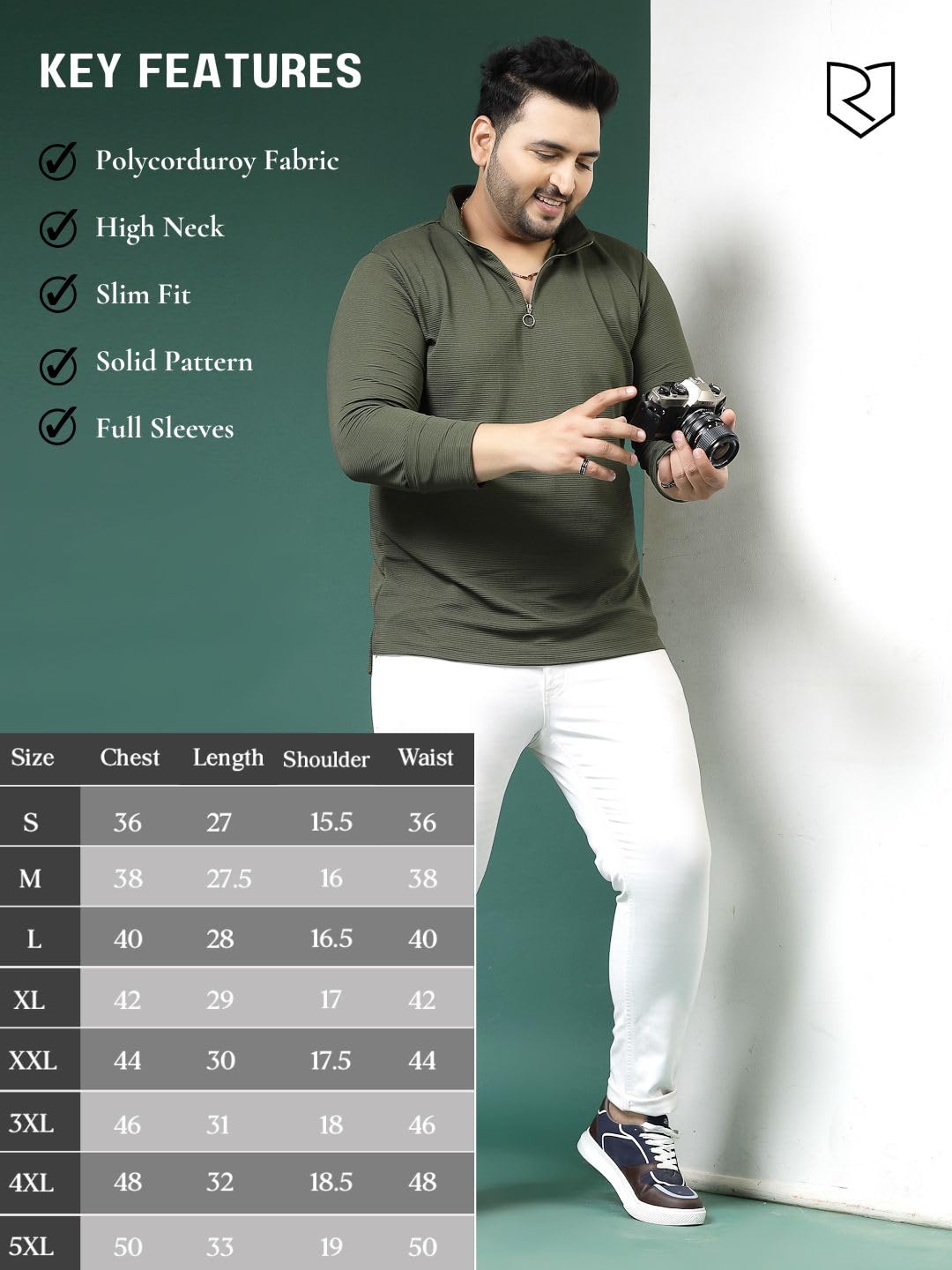 Rigo Polyester Plus Size T-Shirt for Men | High Neck, Slim Fit T-Shirt for Men | Solid Casual Plus Size T-Shirts Army Green