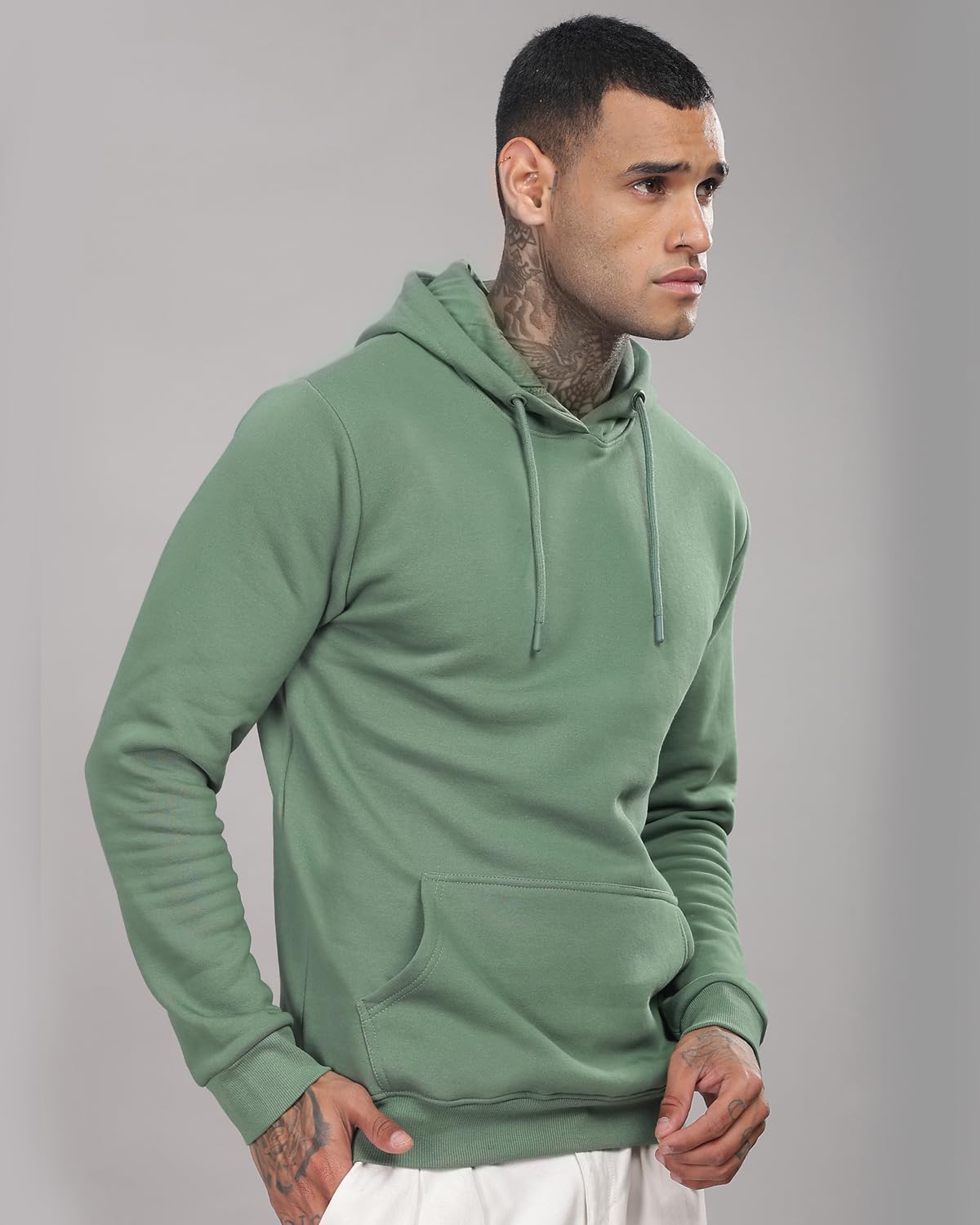 ADRO Men's Cotton Neck Hooded Sweatshirt (H-M-PLN-PT_Pista_S)