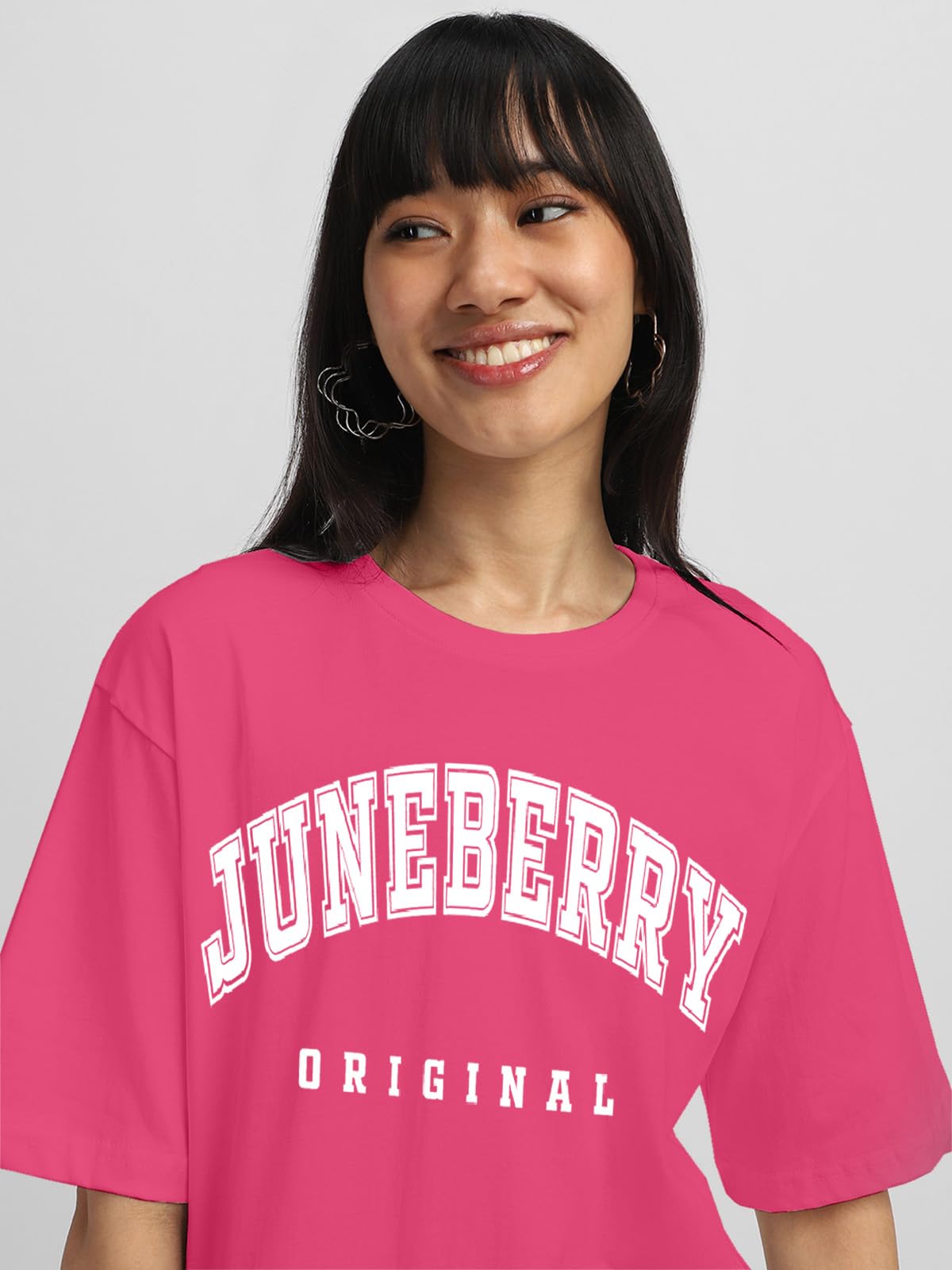 Juneberry 100% Pure Cotton Oversized Drop Shoulders Brand Logo Typography Print Round-Neck Relaxed Fit Pink T-Shirt For Women (J