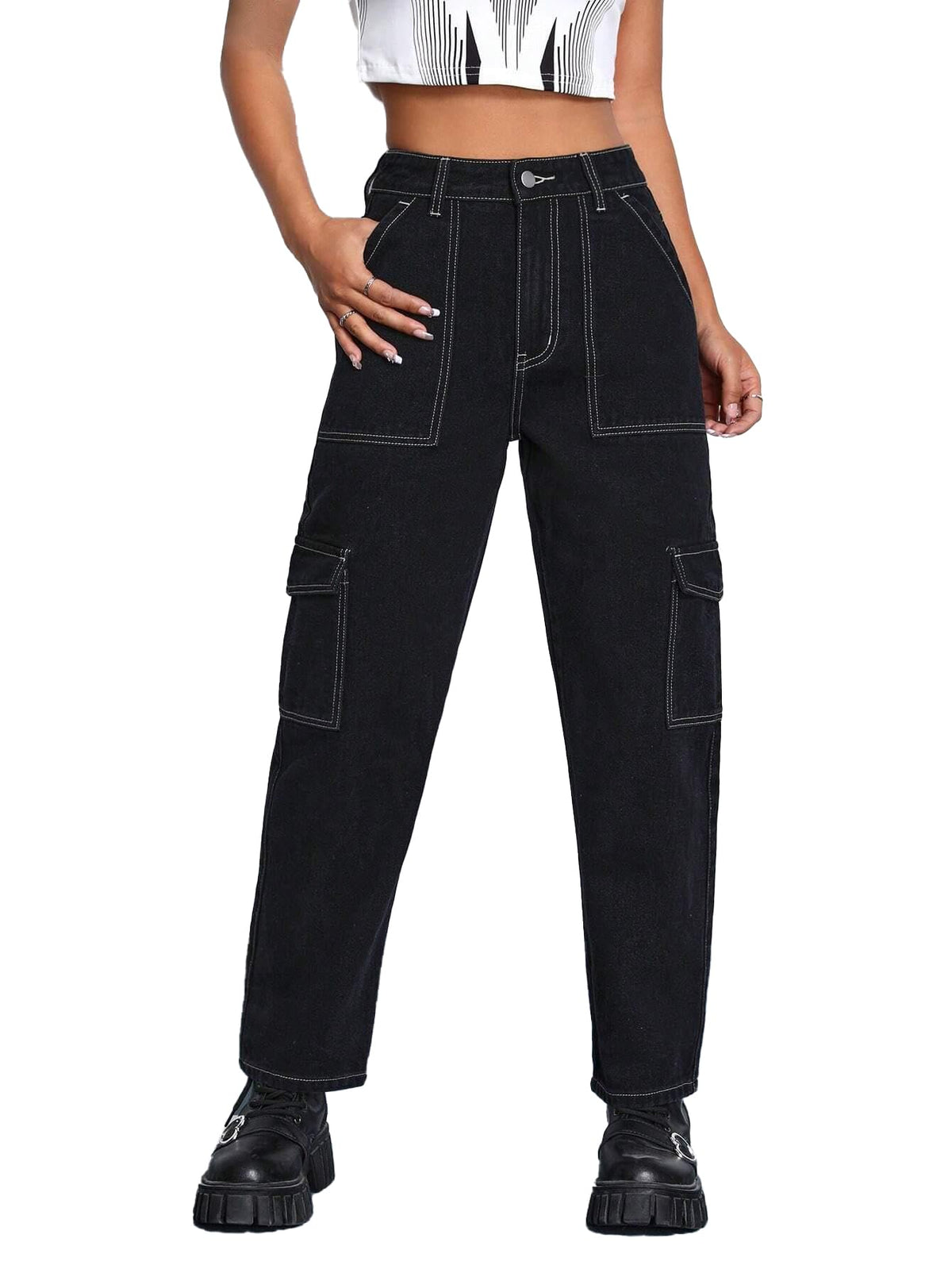 Kotty WomenS Solid High Waist Cotton Lycra Blend Cargo Jeans
