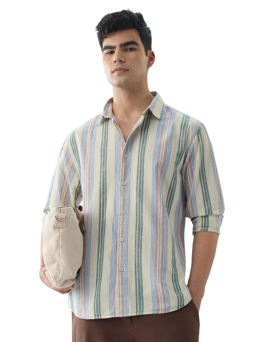 The Souled Store Cotton Linen Stripes: Sunset Lines Men and Boys Long Sleeve Collared Neck Button Front Multicolored Striped Reg