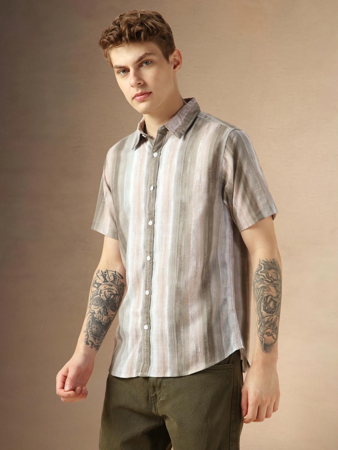 Dennis Lingo MenS Brown Cotton Spread Collar Short Sleeves Printed Shirts