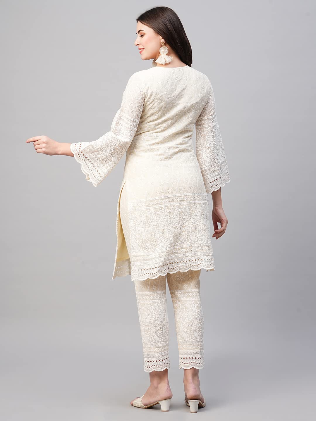 GoSriKi Women's Pure Cotton Chikankari Embroidered Straight Kurta with Pant (Mavak Cream01-GS)