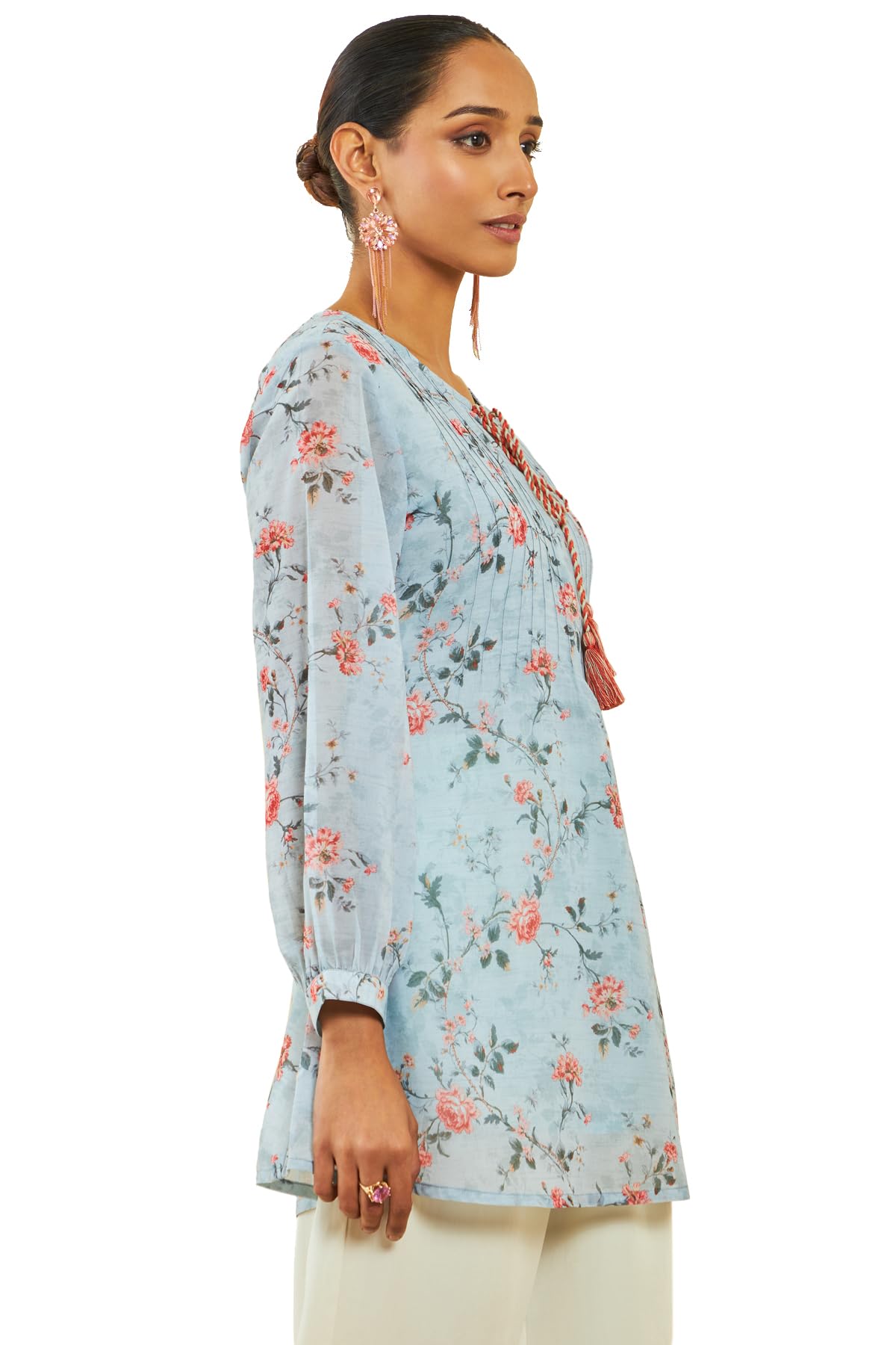 Soch Womens Powder Blue Georgette Floral Print A-Line Tunic with Pintucks