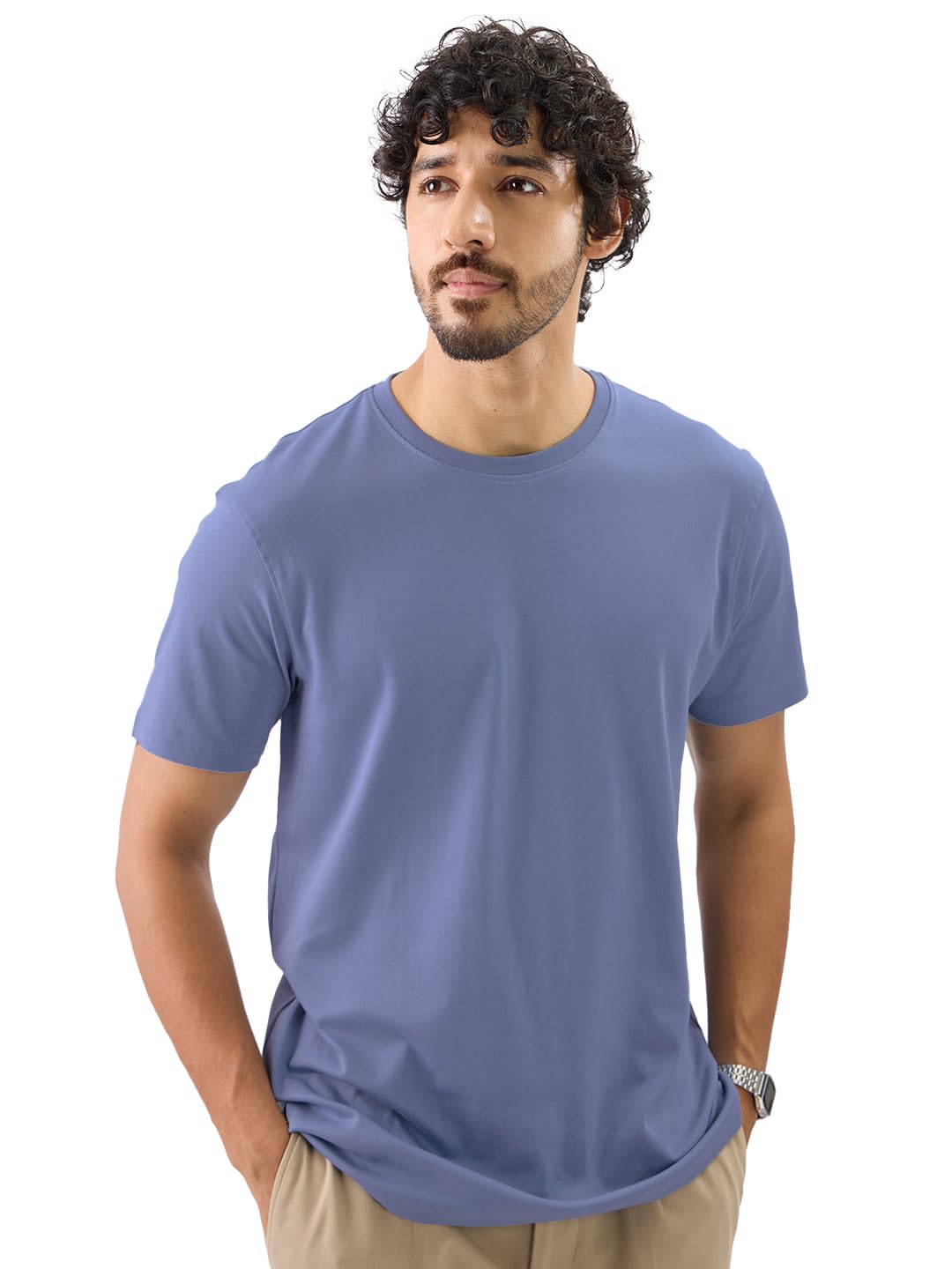 The Souled Store Solid Cotton Soft Blue Men & Boys Short Sleeve Round Neck Solid Regular Fit Supima T-Shirts