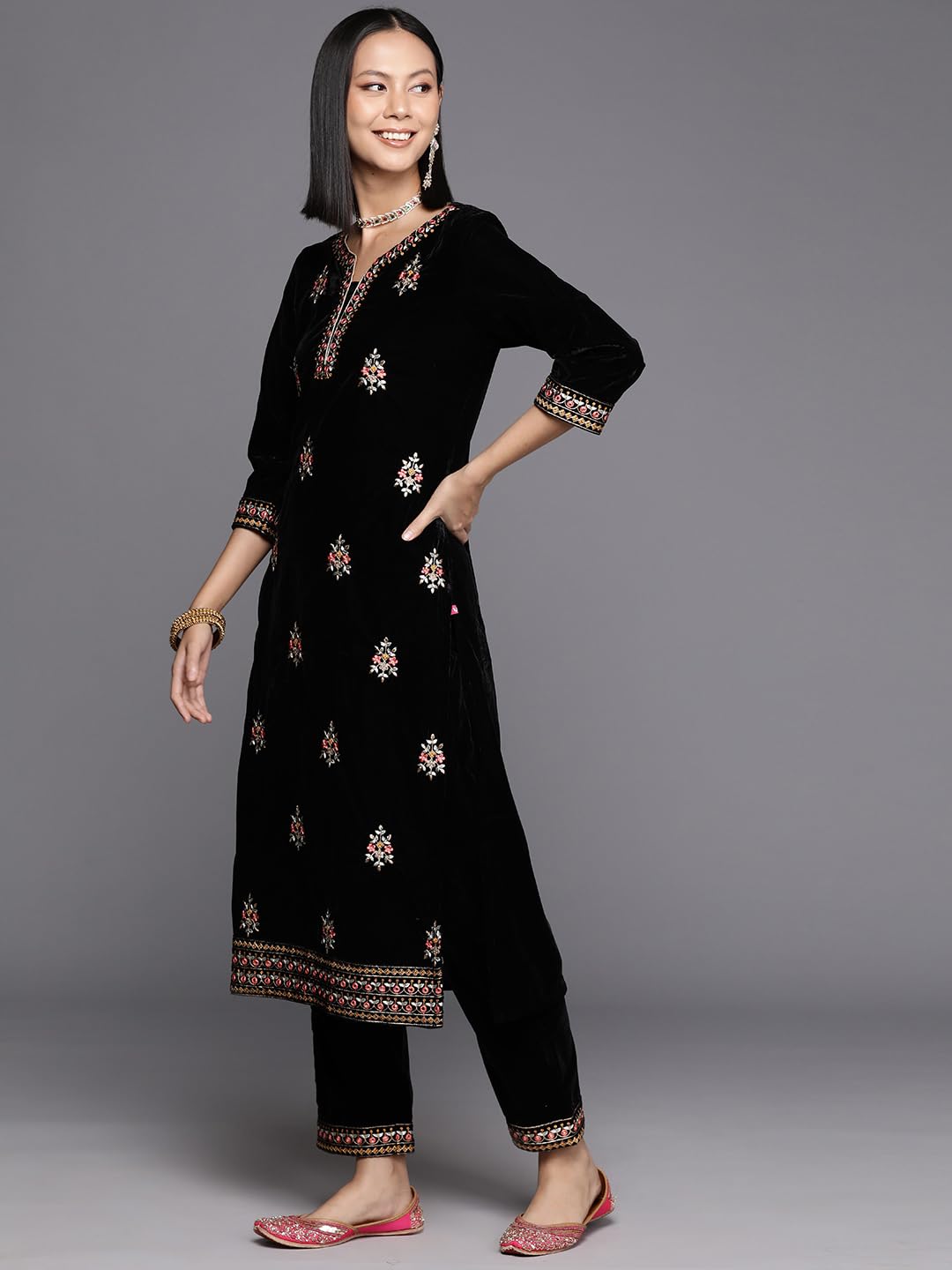 Floral Embroidered Sequinned Velvet Straight Kurta with Trousers & Dupatta