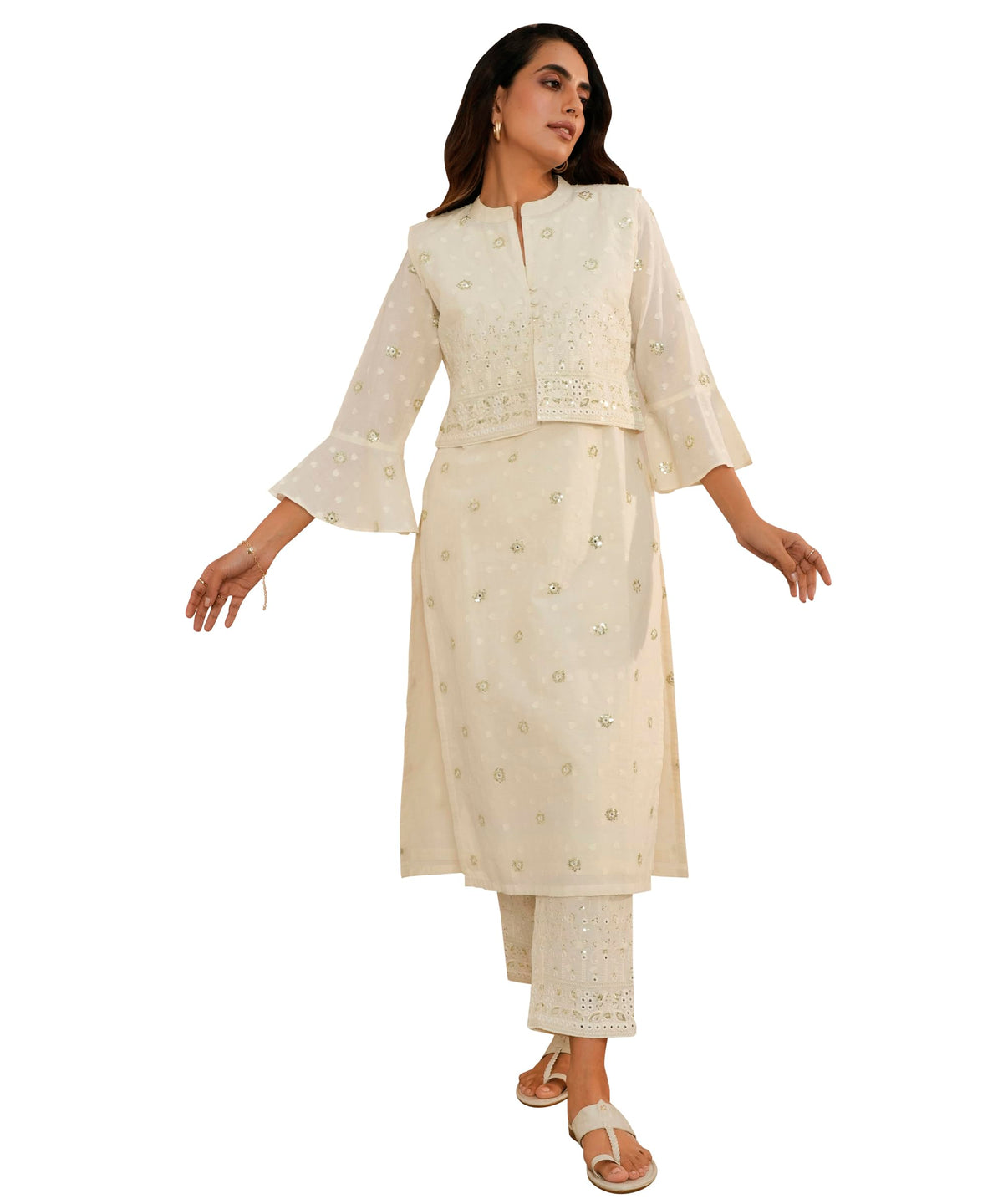 Libas Womens Embroidered Cotton Straight Kurta With Trousers And Dupatta
