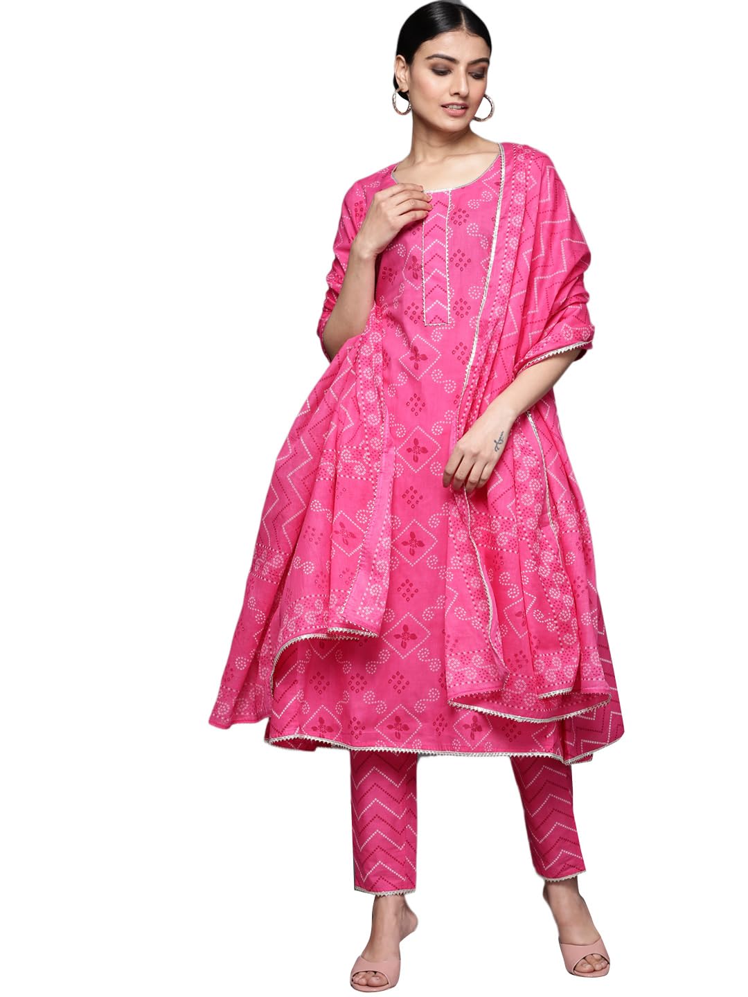Libas Womens Printed Cotton A-Line Kurta With Trousers And Dupatta