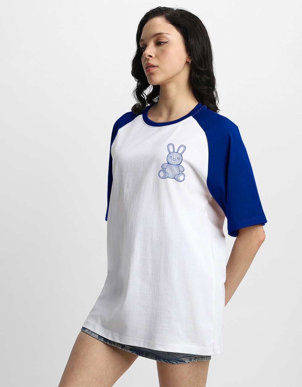 Juneberry 100% Pure Cotton Round Neck Oversized Fit Drop Shoulder Front Teddy Graphic Print White & Colorblocked Royal Blue Colo