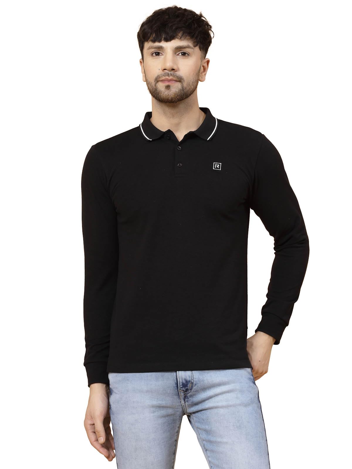 Rigo Full Sleeve Casual Wear Solid Polo T-Shirts for Men | Slim Fit Collar T-Shirts for Men Black