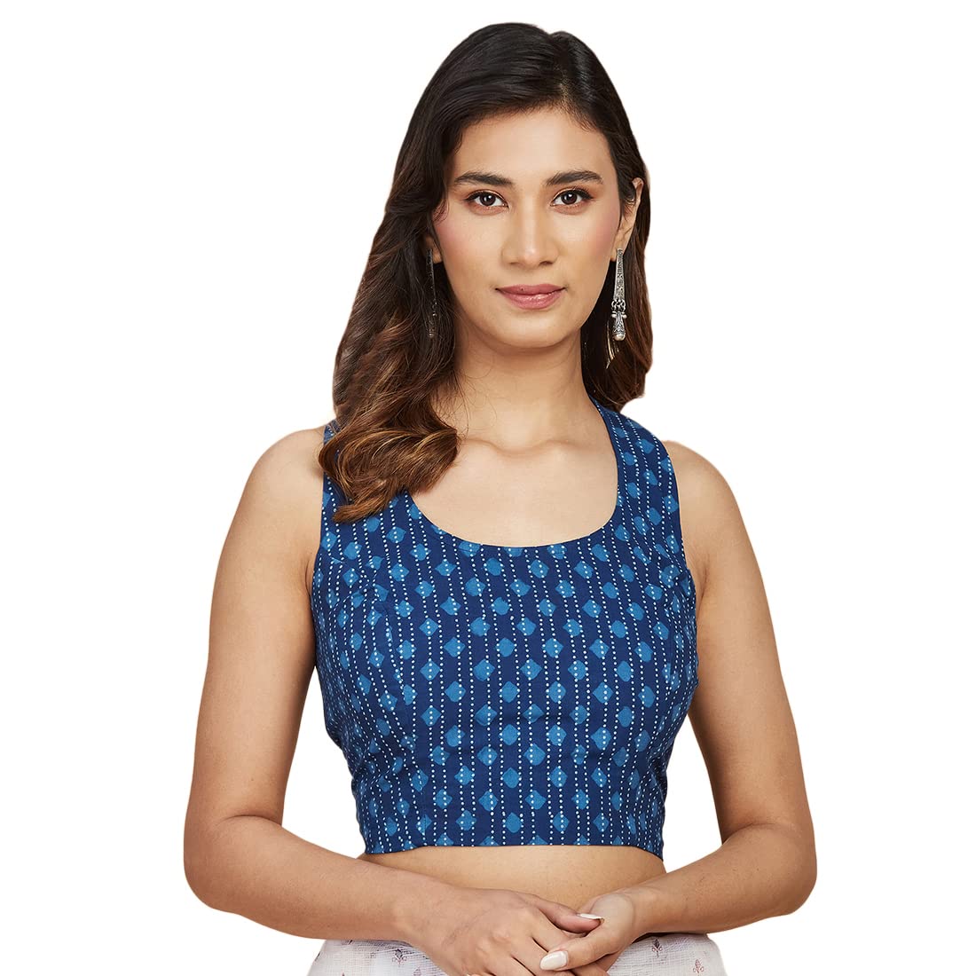Fabindia WomenS Cotton Printed Sleeveless Regular Fit Blouse (1018511Indigo_Indigo