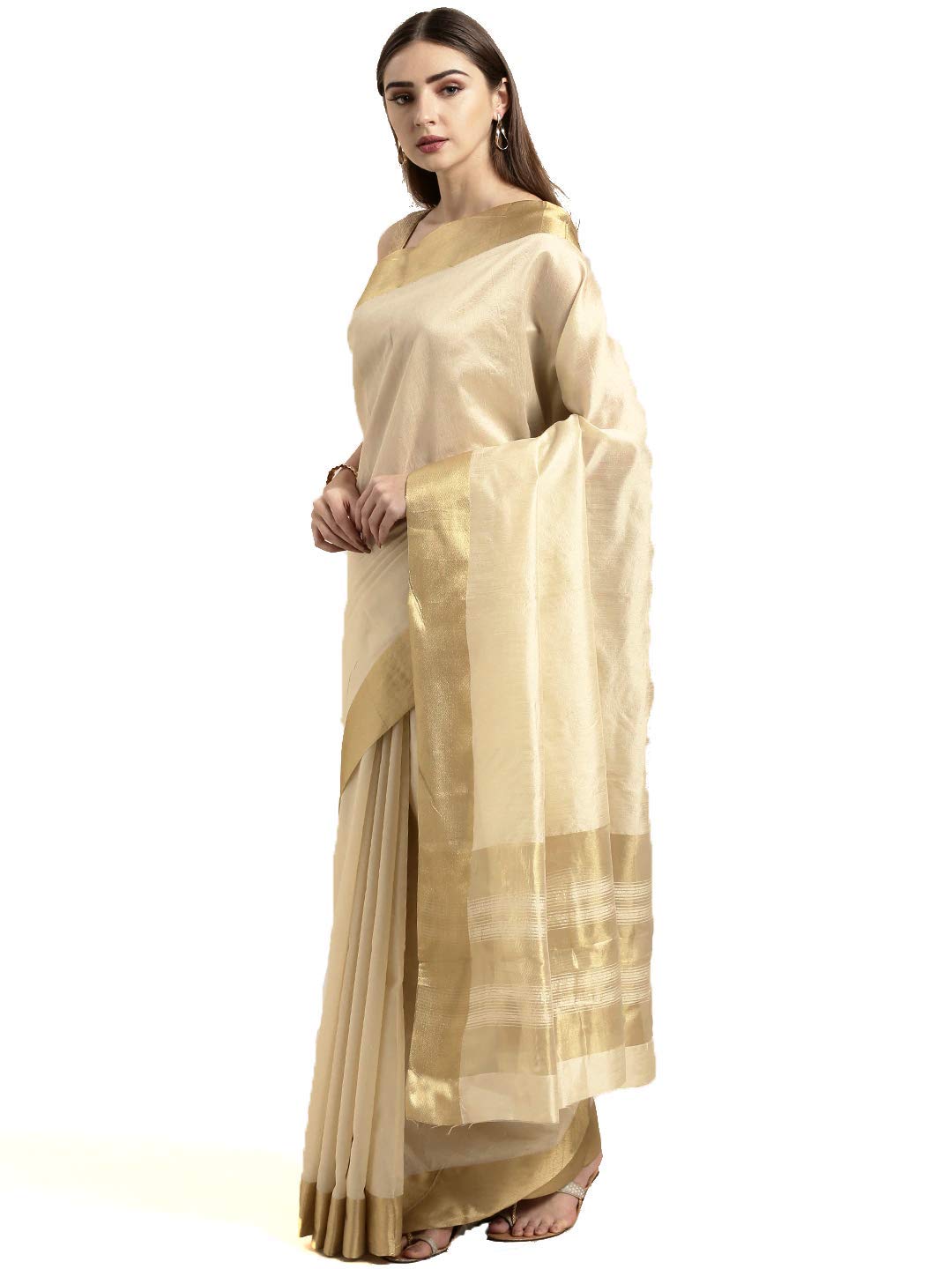 ANNI DESIGNER Womens Art Silk Kasavu Saree With Blouse Piece(GSKI8502_Beige_FreeSize)