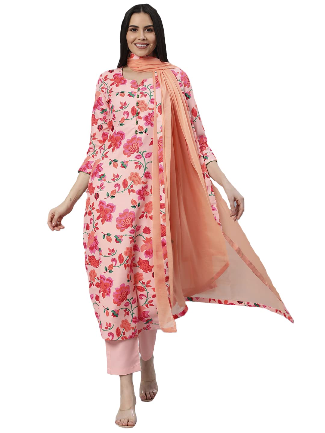GoSriKi Womens Cotton Blend Printed Straight Kurta with Pant & Dupatta (Water-Peach-GS)