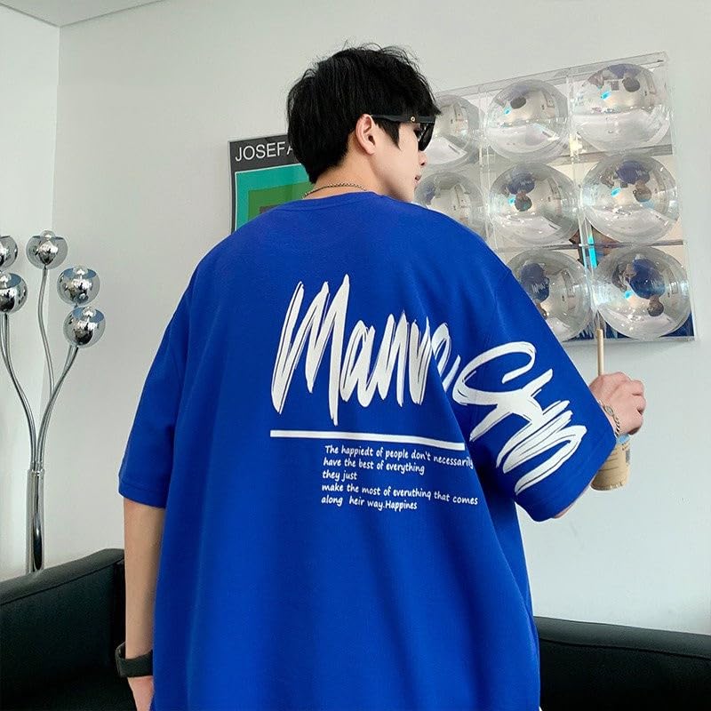 Thalasi Royal Blue Back Print Oversized T Shirts For Men - Down Shoulder Loose Fit Cotton T-Shirt- Stylish Blue T-Shirt For Men