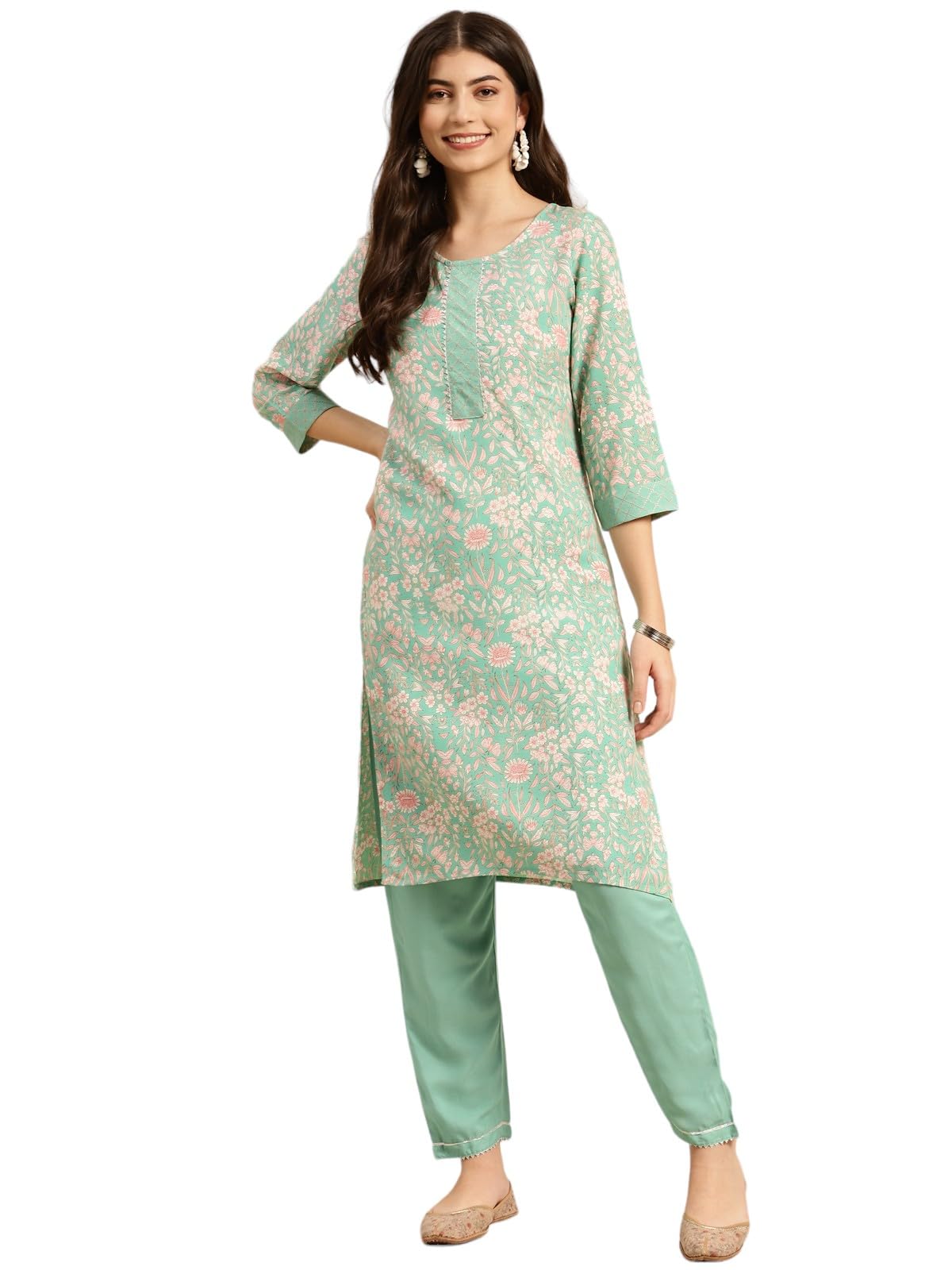 Rangita Women Rayon Mint Green Floral Printed Knee Length Straight Kurta With Pant Set