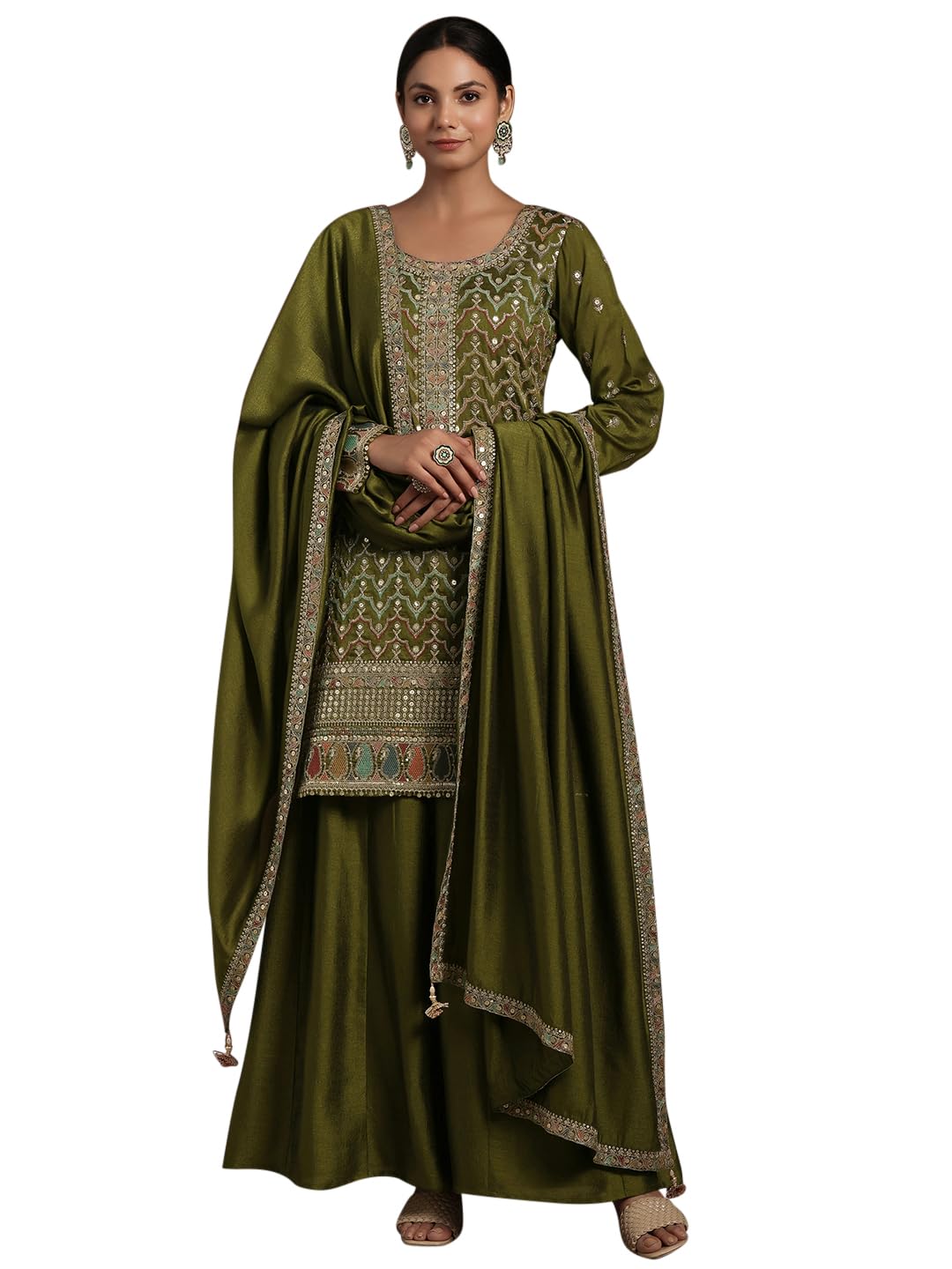 Libas WomenS Silk Blend Kurta Sets (48607_Olive