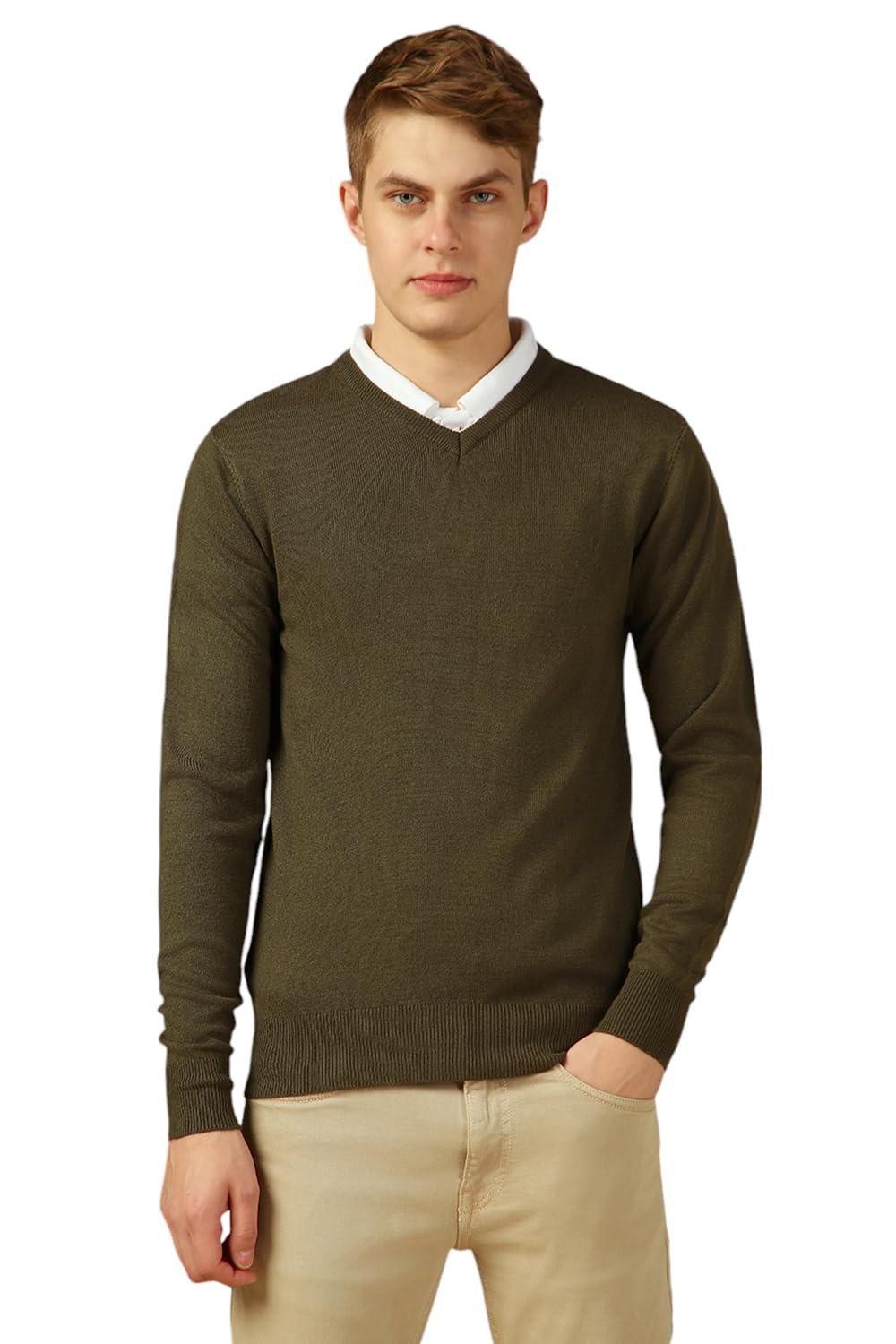 Dennis Lingo Men Olive Solid Slim Fit Full Sleeve V Neck Pullover Sweater