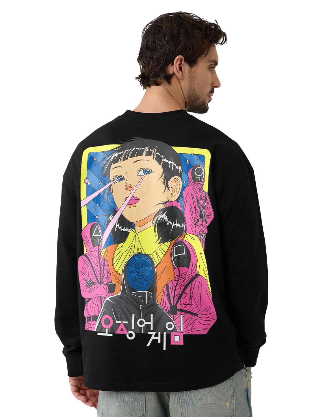 The Souled Store Squid Game: Players Men and Boys Round Neck Black Graphic Printed Cotton Oversized Full Sleeve T-Shirts