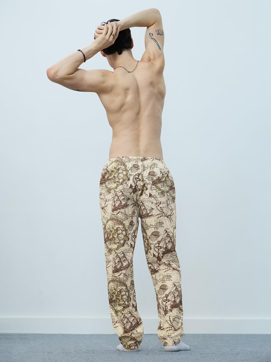 The Souled Store Sailor Wanderer Men and Boys Beige All Over Printed Pull On Regular Fit Cotton Pajamas