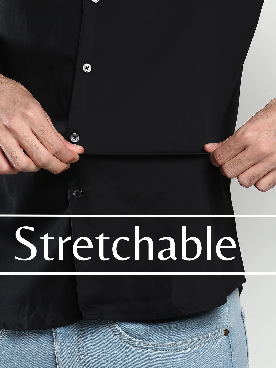 Dennis Lingo MenS Solid Black Slim Fit Satin Lycra Casual Shirt With Concealed Button Down & Full Sleeves