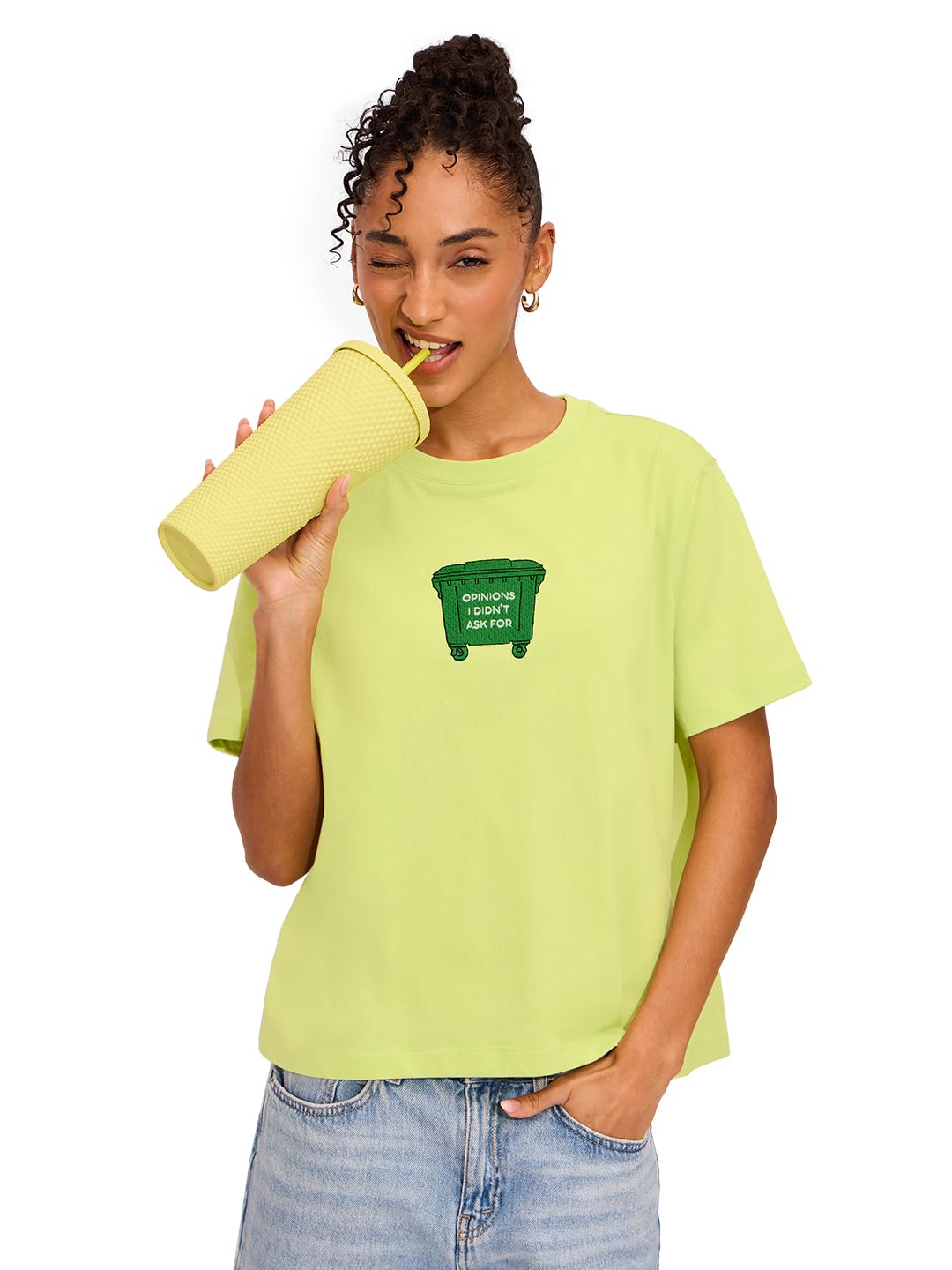 The Souled Store Trash Opinion Women and Girls Short Sleeves Round Neck Green Embroidered Patch Cotton Oversized T-Shirts