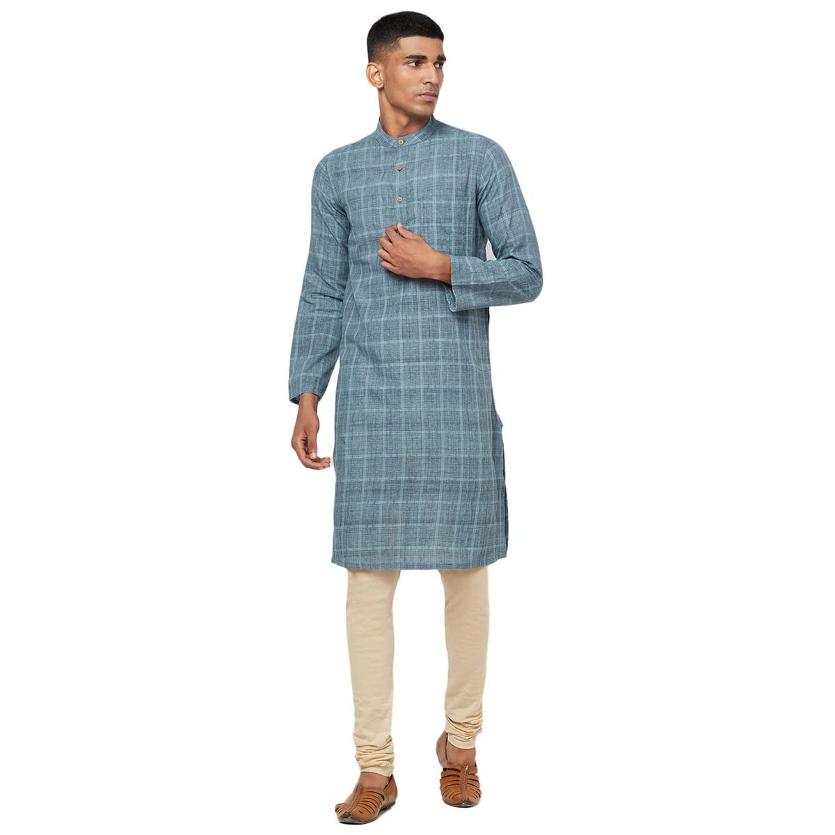 Fabindia Men Nagari Dobby Weave Long Kurta Cotton_Xs Blue