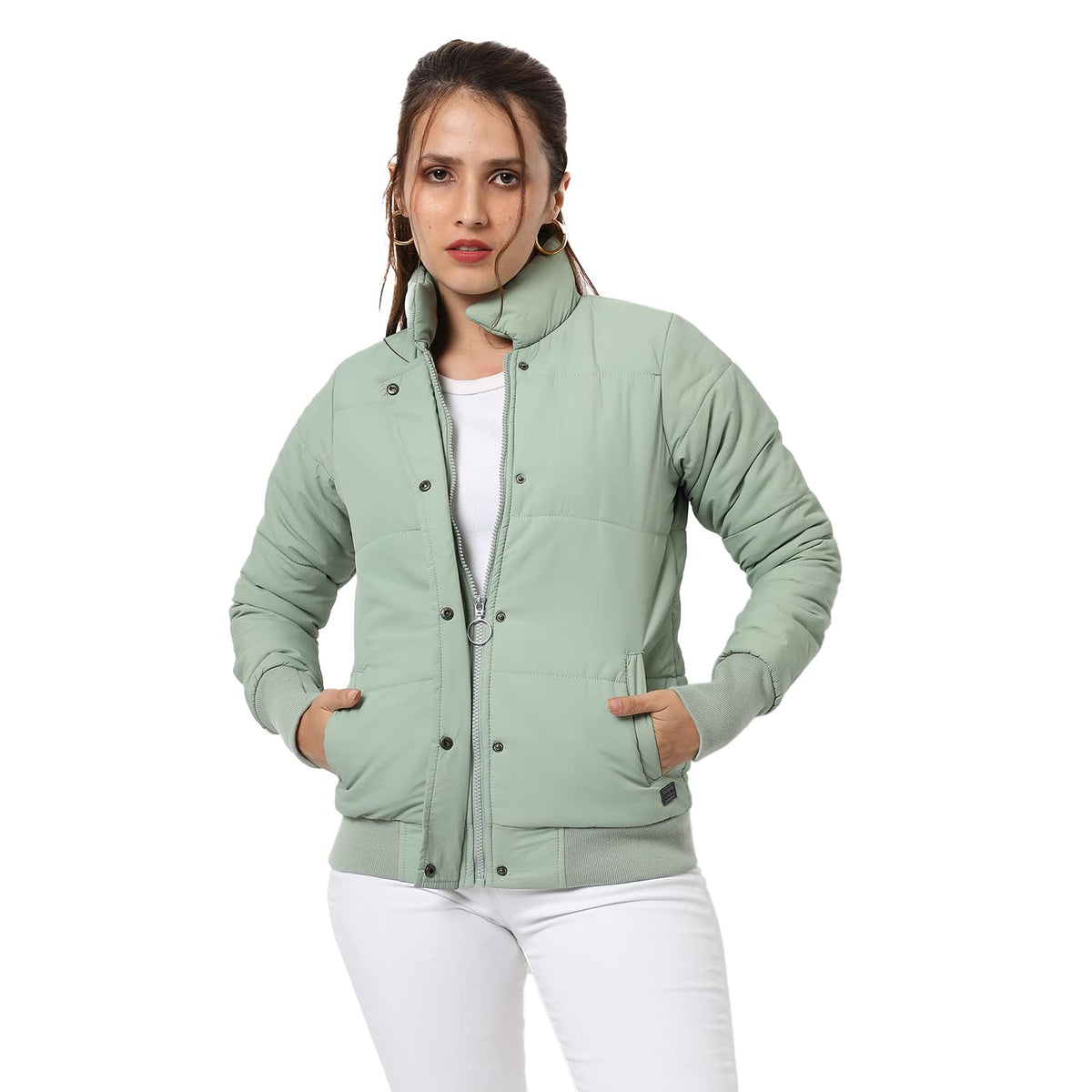 Campus Sutra Womens Light Green Puffer Regular Fit Bomber Jacket For Winter Wear | Standing Collar | Full Sleeve | Buttoned | C