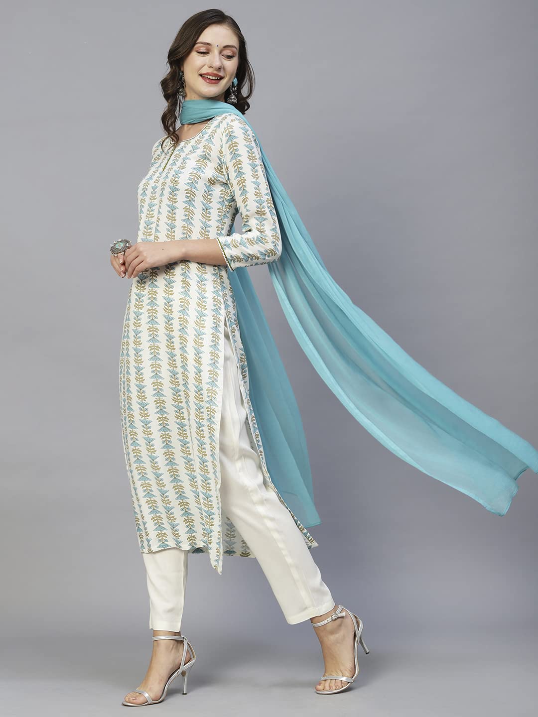 GoSriKi Women's Cotton Blend Straight Printed Kurta with Pant & Dupatta (April-Sky Blue-CGD-GS)