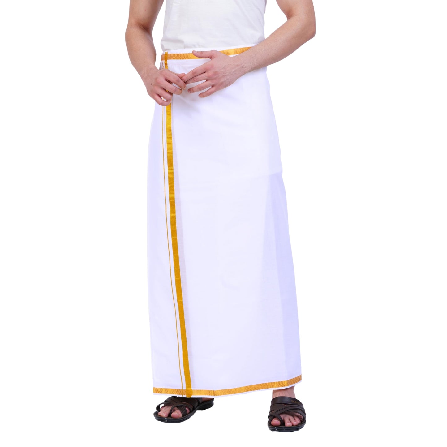 Prakasam Cotton Mens Free Size Stitched Double Layer White Dhoti/Mens Cotton Double Stitched Dhoti (Pack Of 1 Dhoti Only)