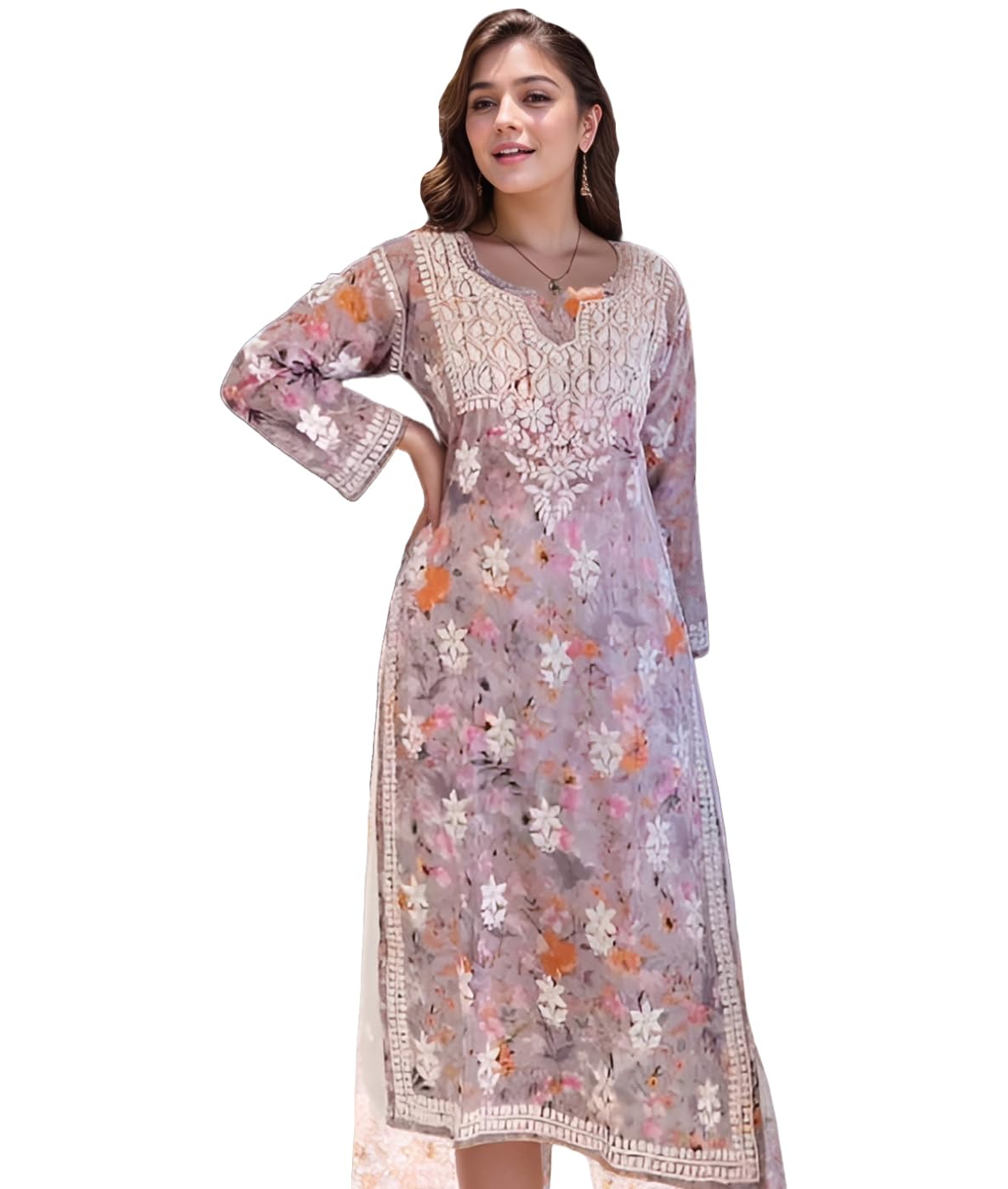 ANNI DESIGNER Women s Chikankari Viscose Rayon Embroidered Straight Kurta, grey, 44