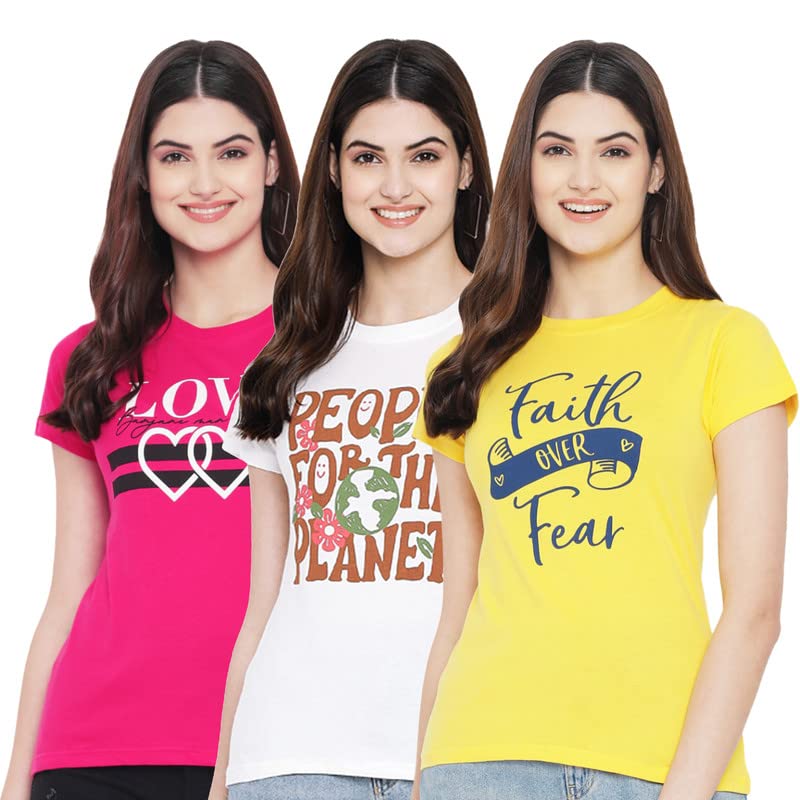 Preneum Womens Cotton Regular Fit Latest Graphic Stylish Printed Short Sleeves Casual T-Shirt || Trendy & Styling (Pack 3), Pin