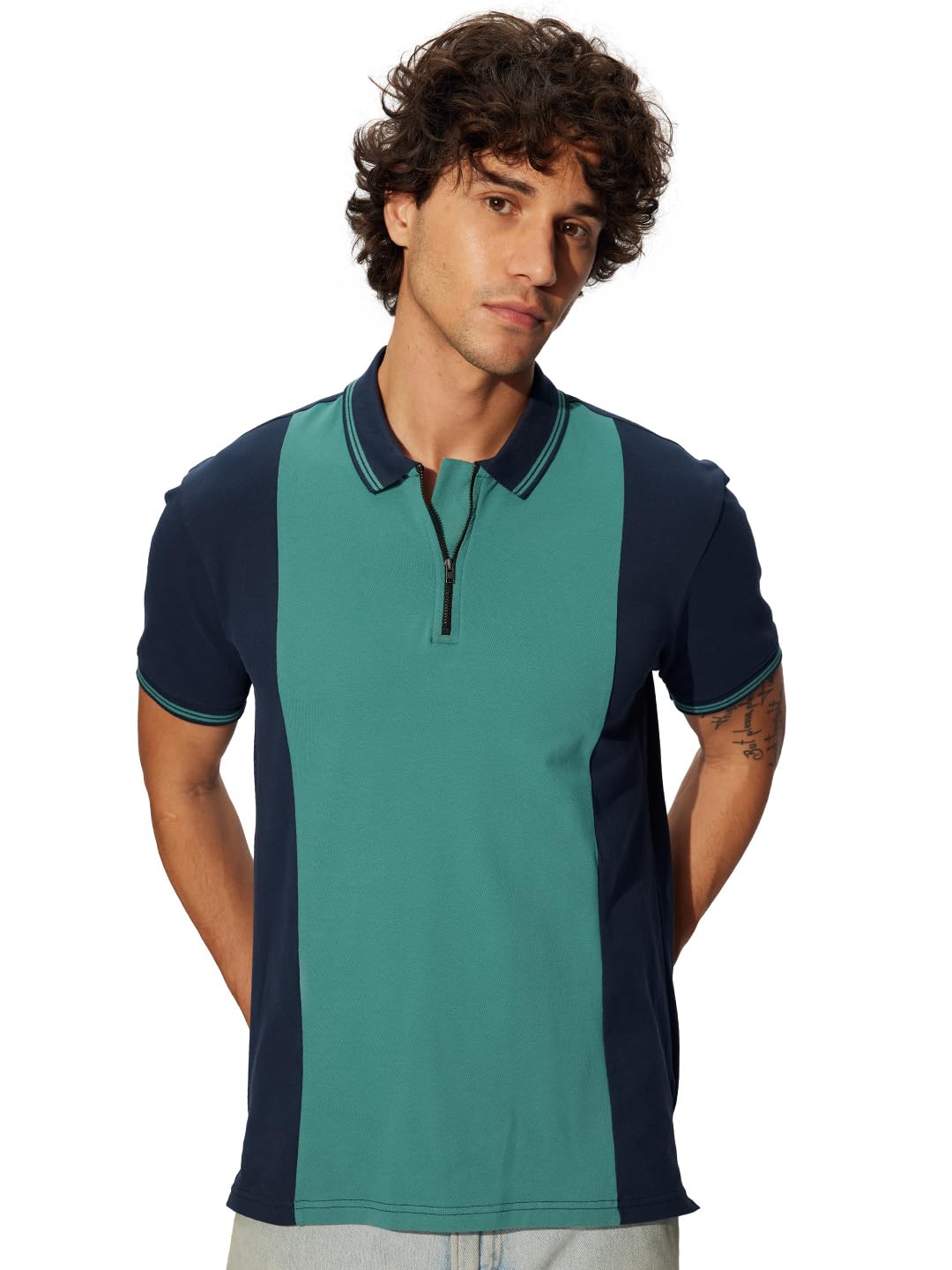 The Souled Store Cadmium Men and Boys Short Sleeves Collared Neck Color Blocked Regular Fit Zipper Polos