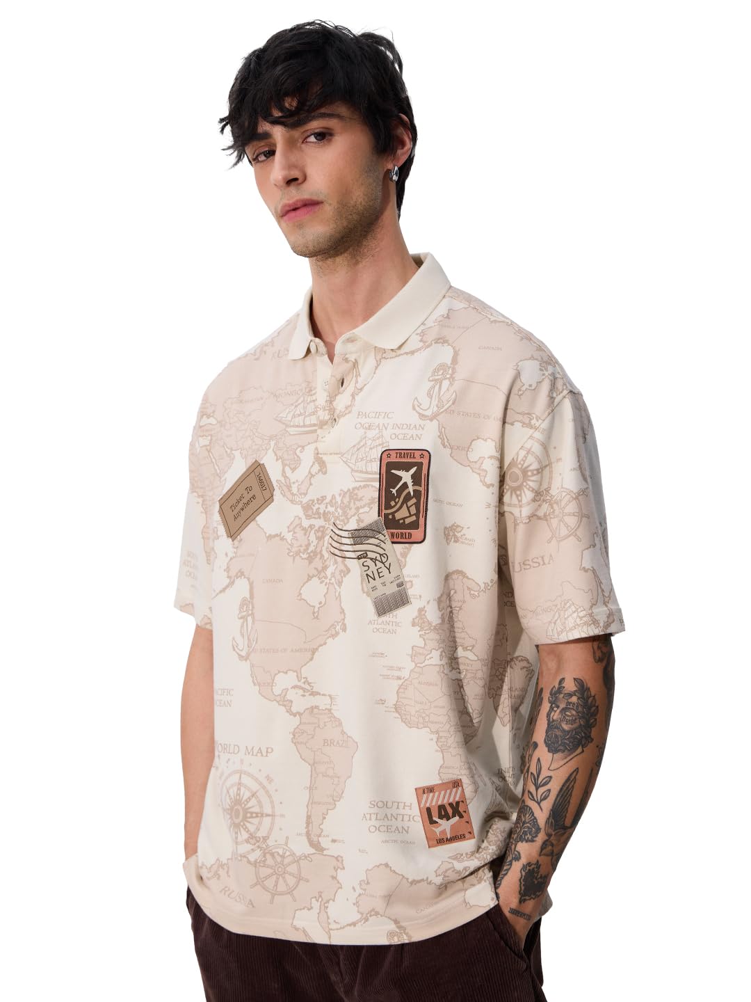 The Souled Store Originals: Travel Badges Men and Boys Short Sleeve Collared Neck White and Yellow Graphic Printed Cotton Oversi