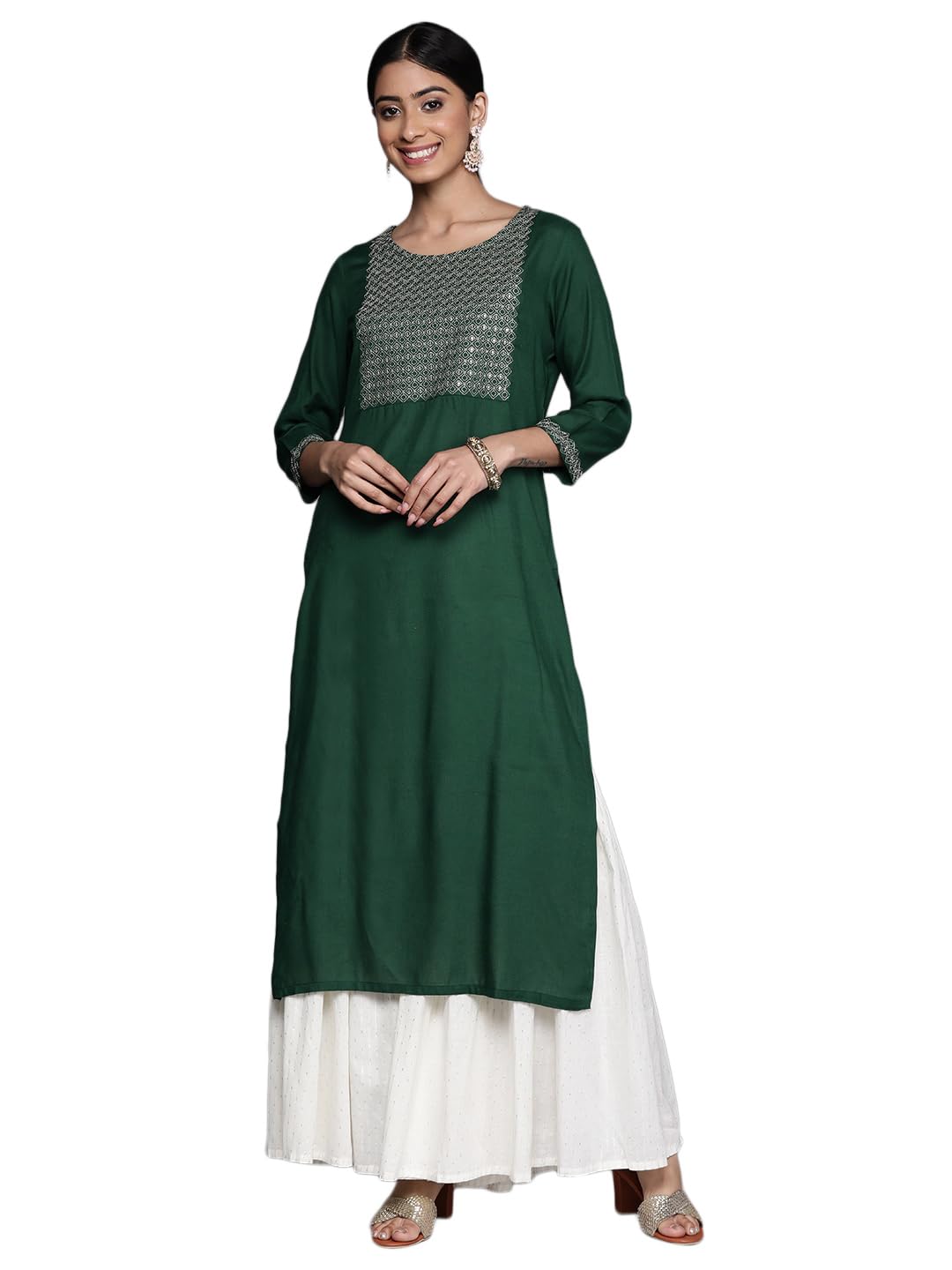 Libas WomenS Rayon Blend Embellished Straight Kurta (24284_Green