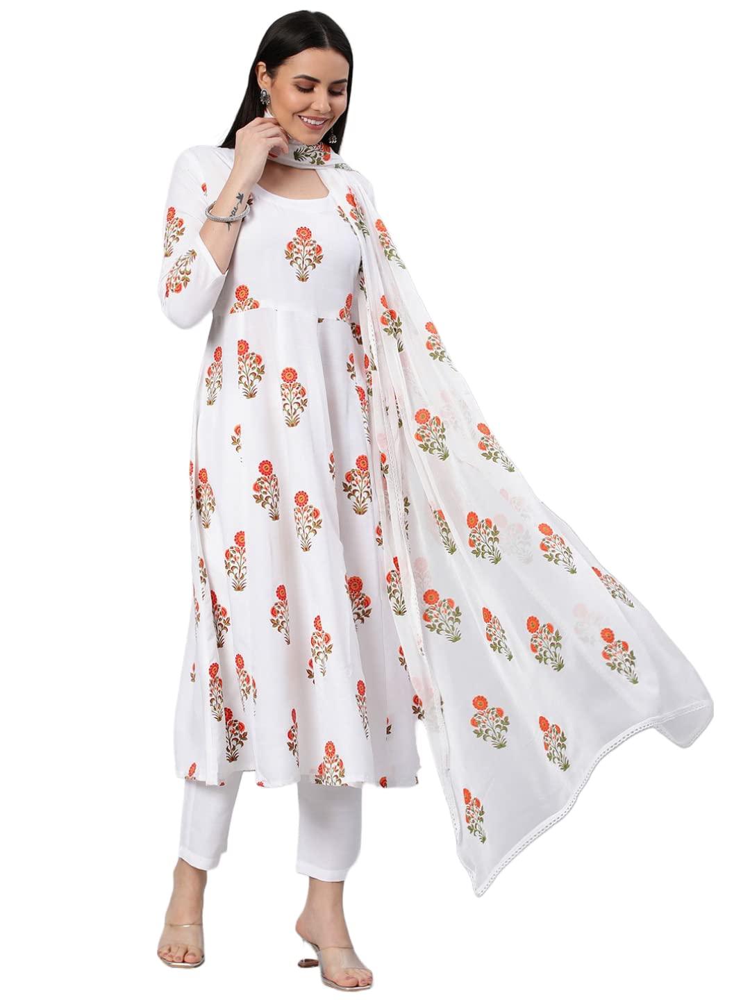 ANNI DESIGNER Womens Georgette Anarkali Floral Printed Kurta with Pant & Dupatta (CLEAN-WHITE)