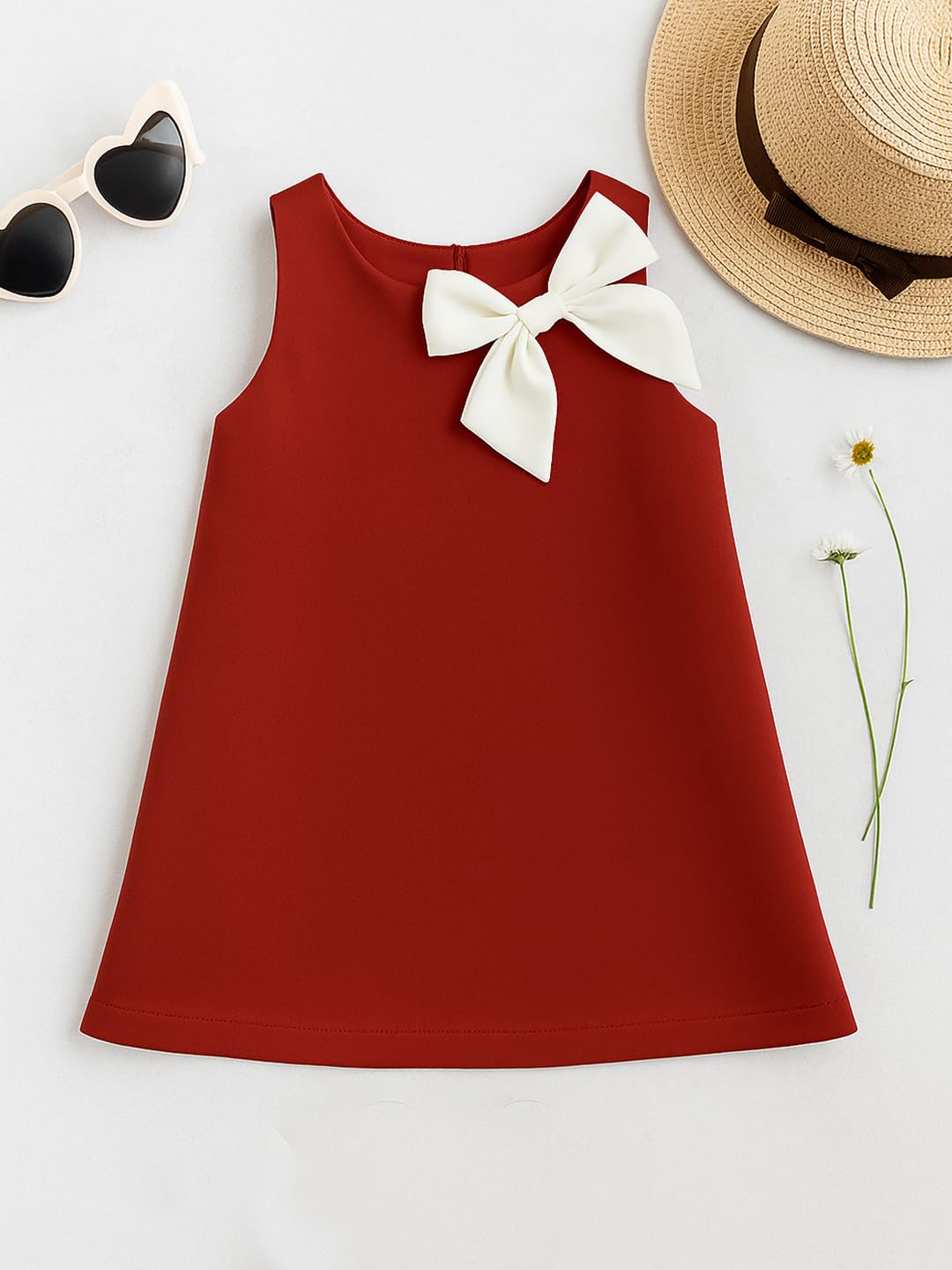 A.T.U.N. (ALL THINGS UBER NICE) Girls Stylish Suzy Dress with Contrast Bow | Sleeveless Soft Stretchable Knee Length Dress Red