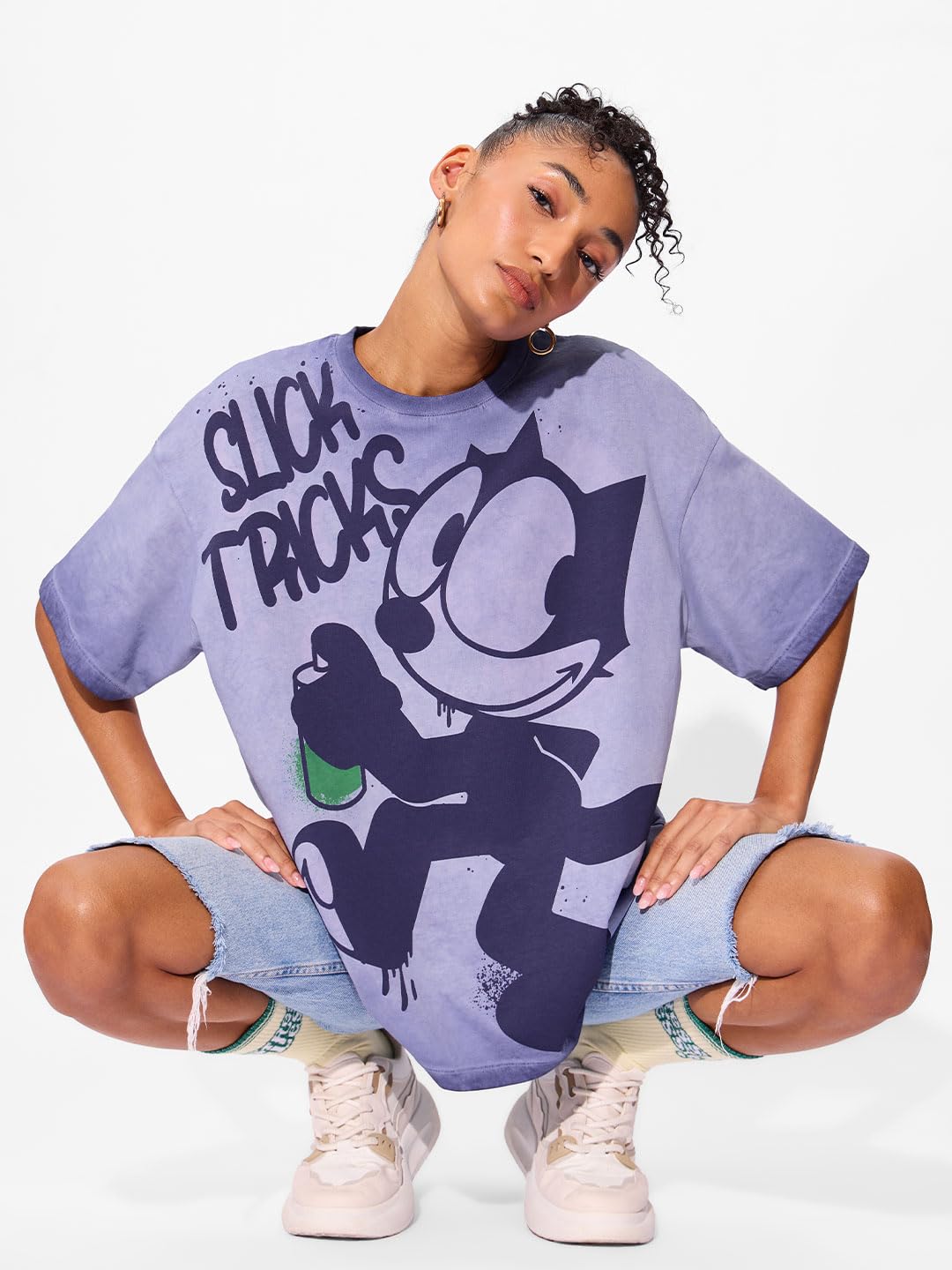 The Souled Store Felix The Cat: Slick Tricks Women and Girls Short Sleeeves Round Neck Purple Graphic Printed Cotton Oversized T