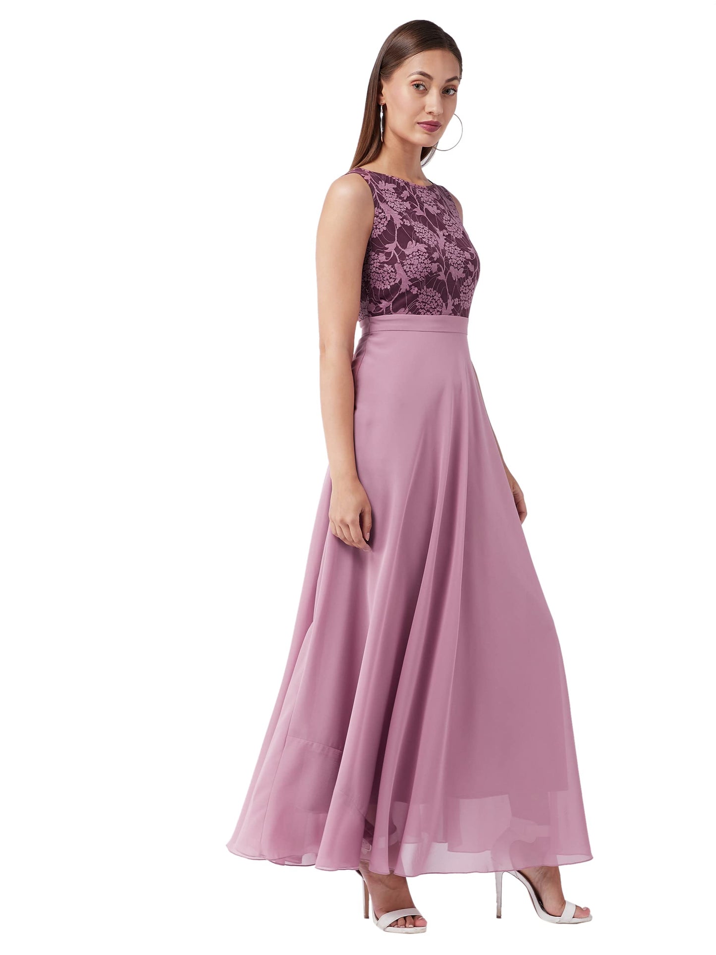 Miss Chase WomenS Round Neck Sleeveless Georgette Floral Lace Fit & Flare Maxi Dress Lavender