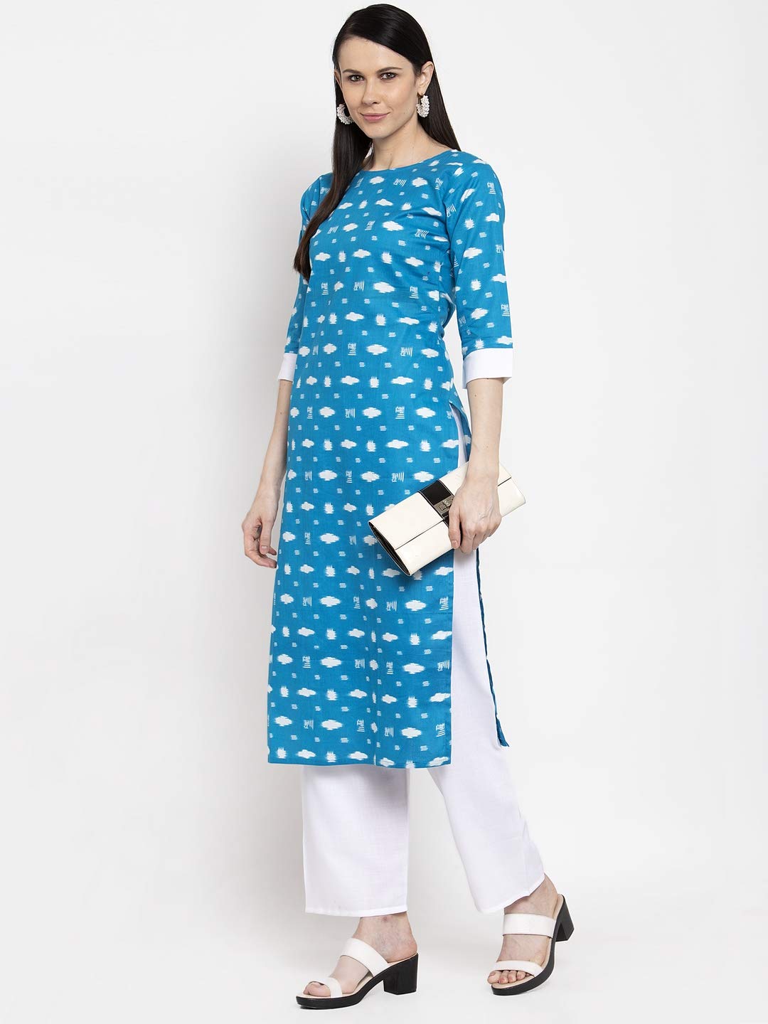 GoSriKi Women's Blue Cotton Straight Kurta with Plazzo (ARIA Blue)