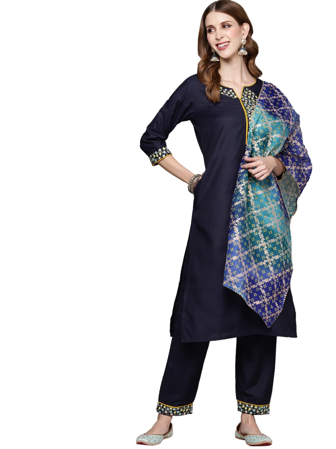 anubhutee Womens Cotton Navy Blue Solid Solid Straight Kurta Suit Set With Pants And Dupatta