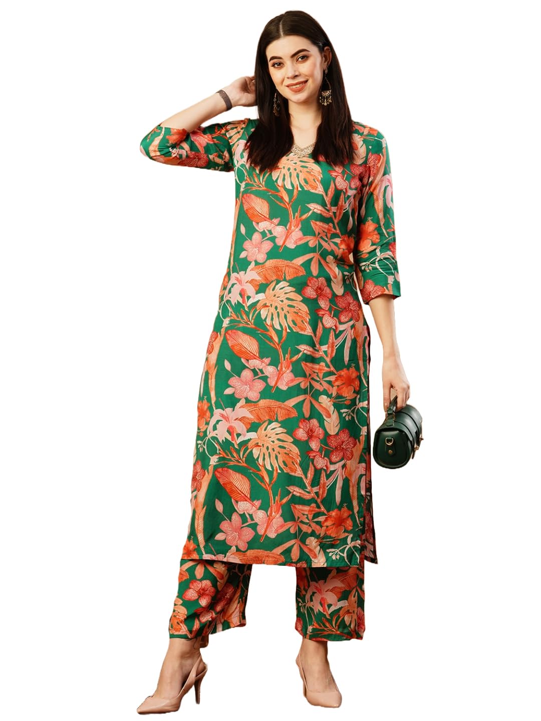ANNI DESIGNER Womens Cotton Blend Straight Printed Kurta with Palazzo (Chinki Green-NW_M_Green_Medium)