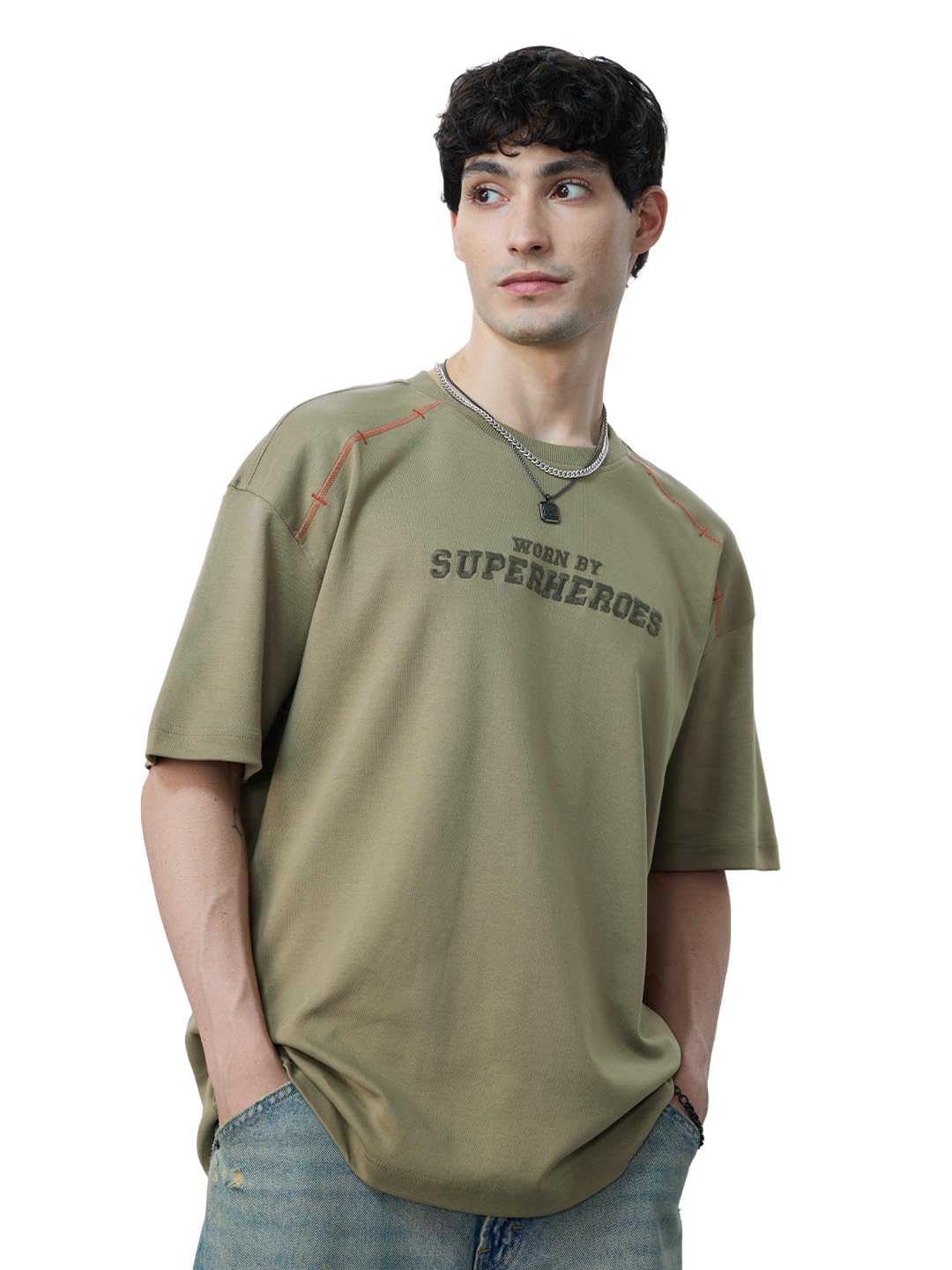 The Souled Store Oversized T-Shirt: Mossy Men and Boys Short Sleeves Round Neck Green Graphic Printed Cotton Oversized T-Shirts