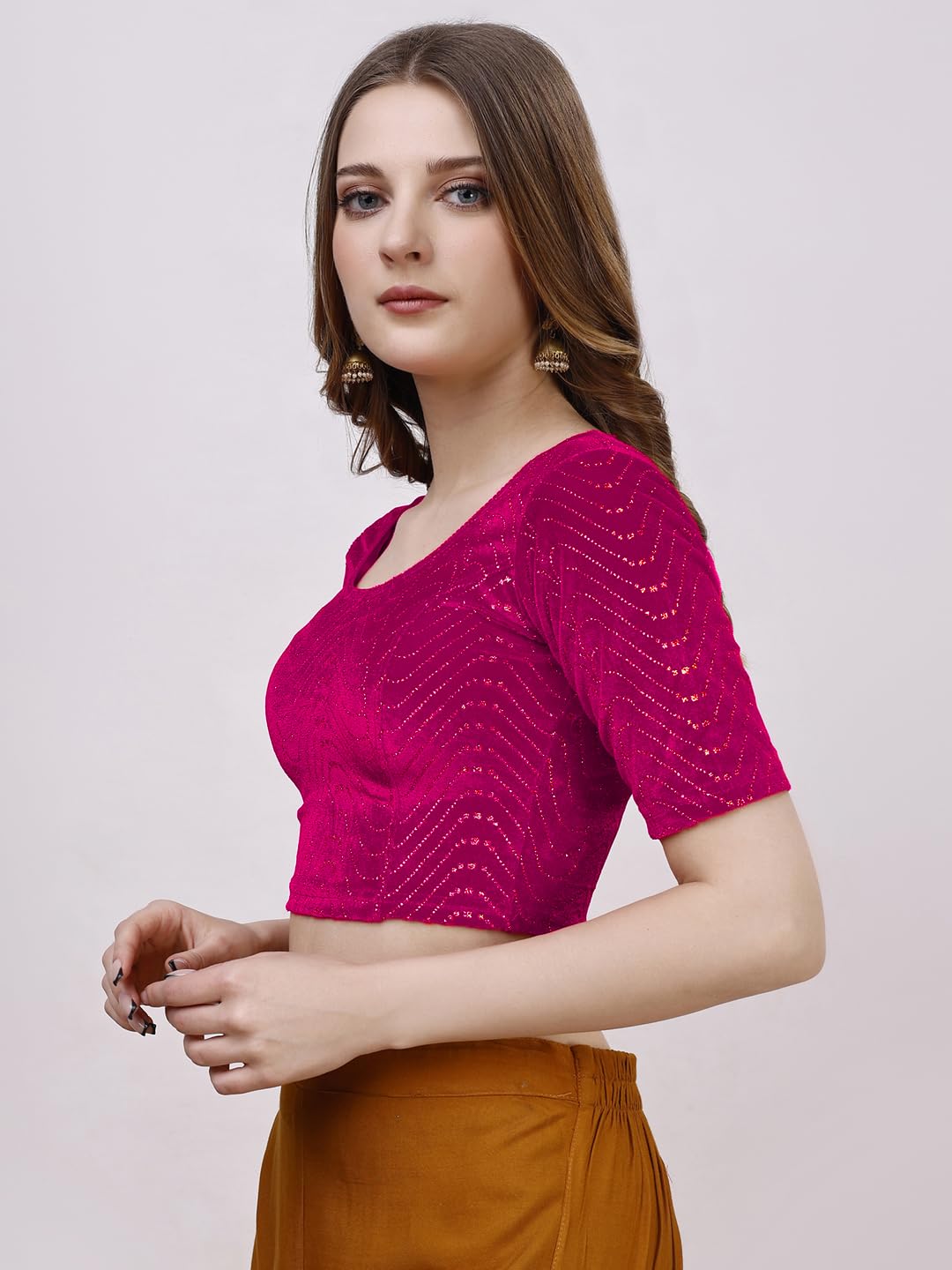 Pujia Mills WomenS Readymade Hosiery Velvet Lycra Stretchable Round Neck Half Sleeve Blouse With Jari Work Fancy Pink Color Lyc