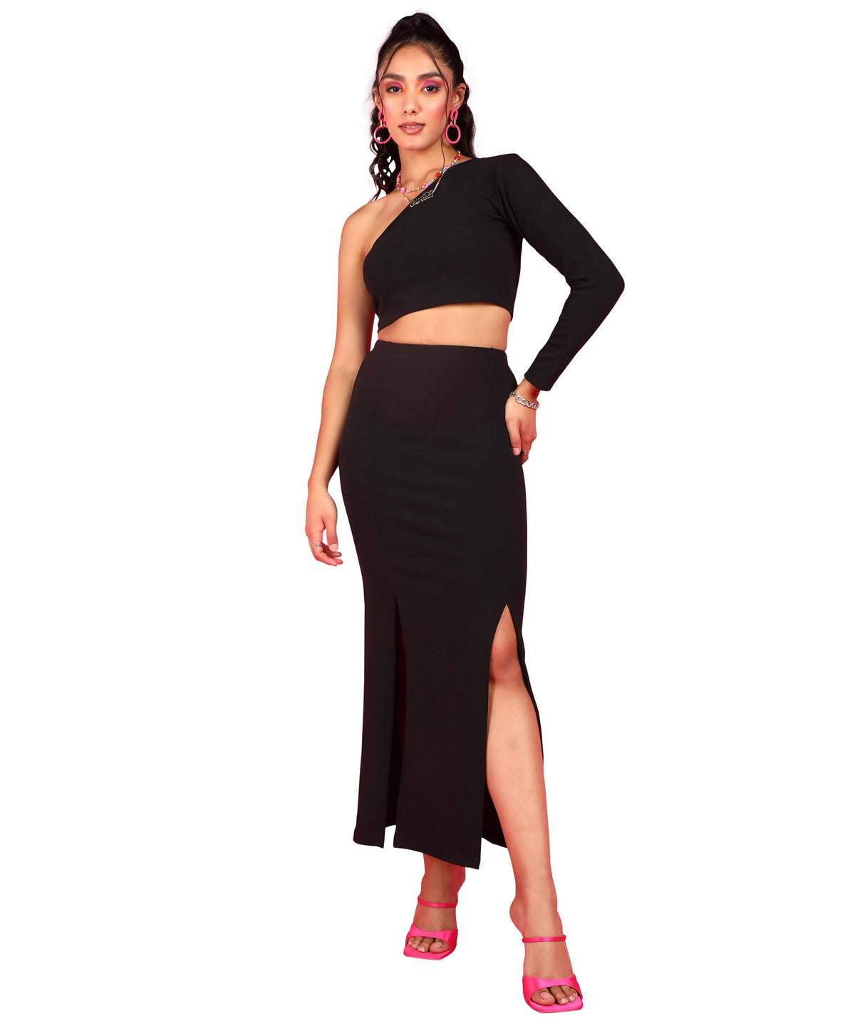 POPWINGS Women Casual Black Two Slits Long Skirt & One Sleeve Crop Top Co-Ords Set | Top and Bottom Set for Women