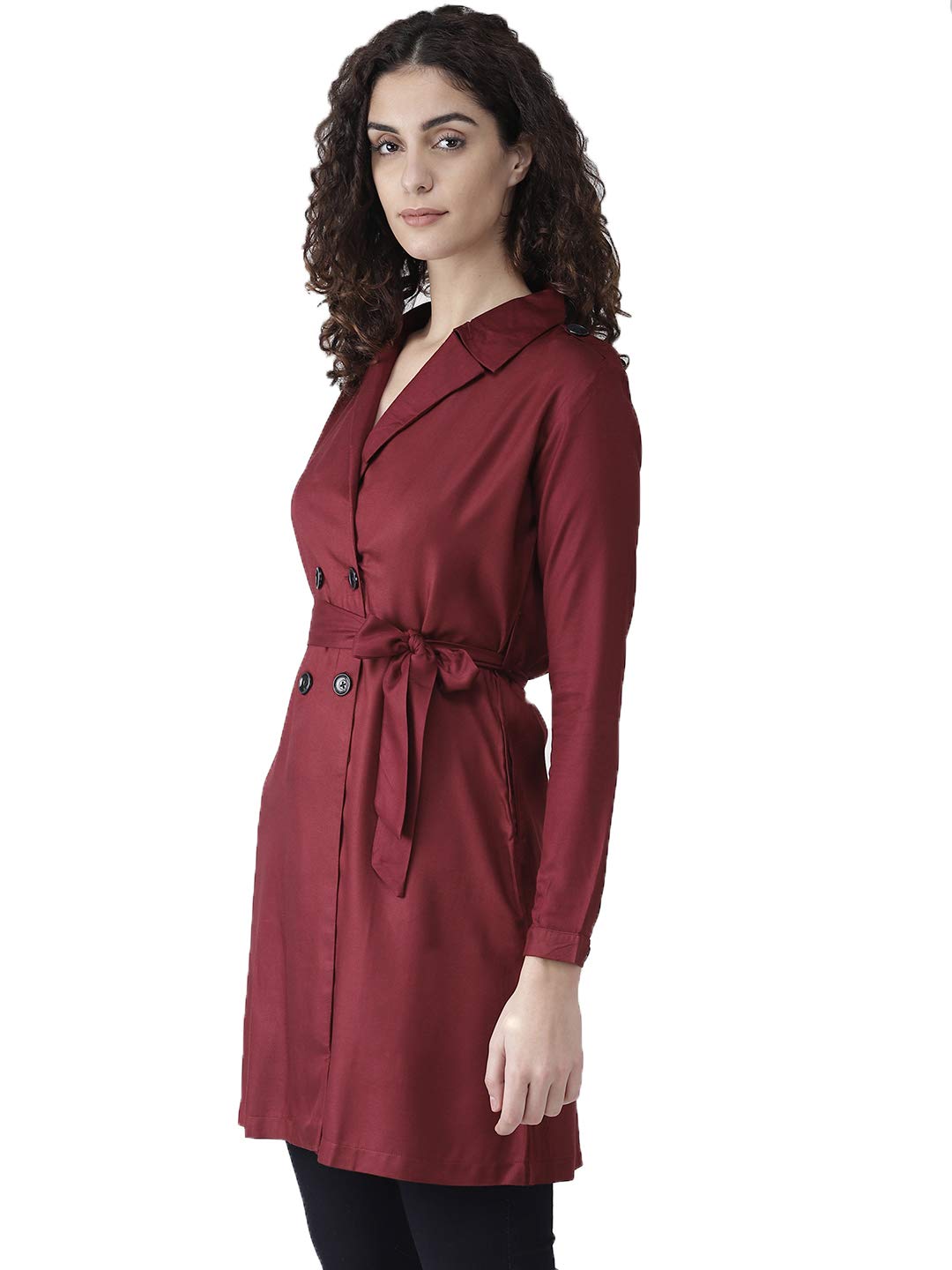 Style Quotient Women Solid Maroon viscose rayon smart casual Trench Coat