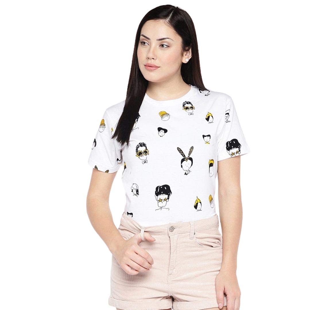 Juneberry White Cotton Round-Neck T-Shirt With Conversational Print For Women