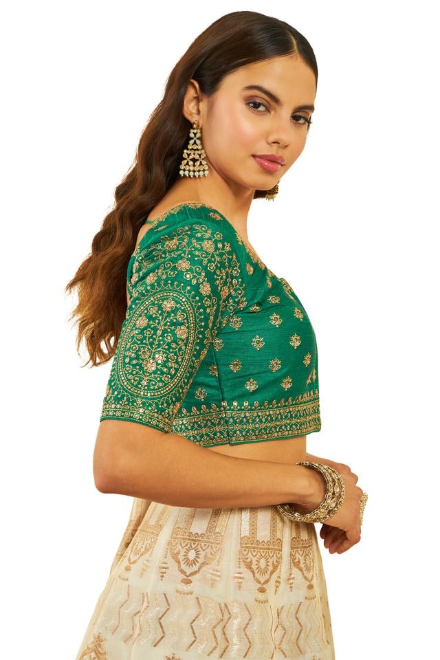 Soch Womens Green Tussar Embroidered Front-Open Blouse With Sequin Embellishments