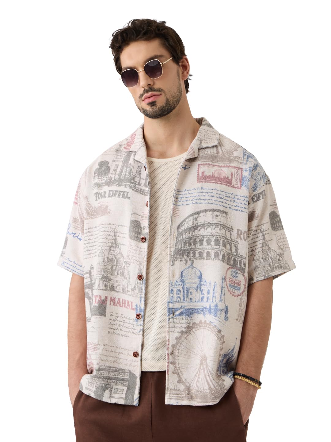The Souled Store Hawaiian Shirt: Monuments Men and Boys Short Sleeves Collared Neck Button Front Grey All Over Printed Polyester