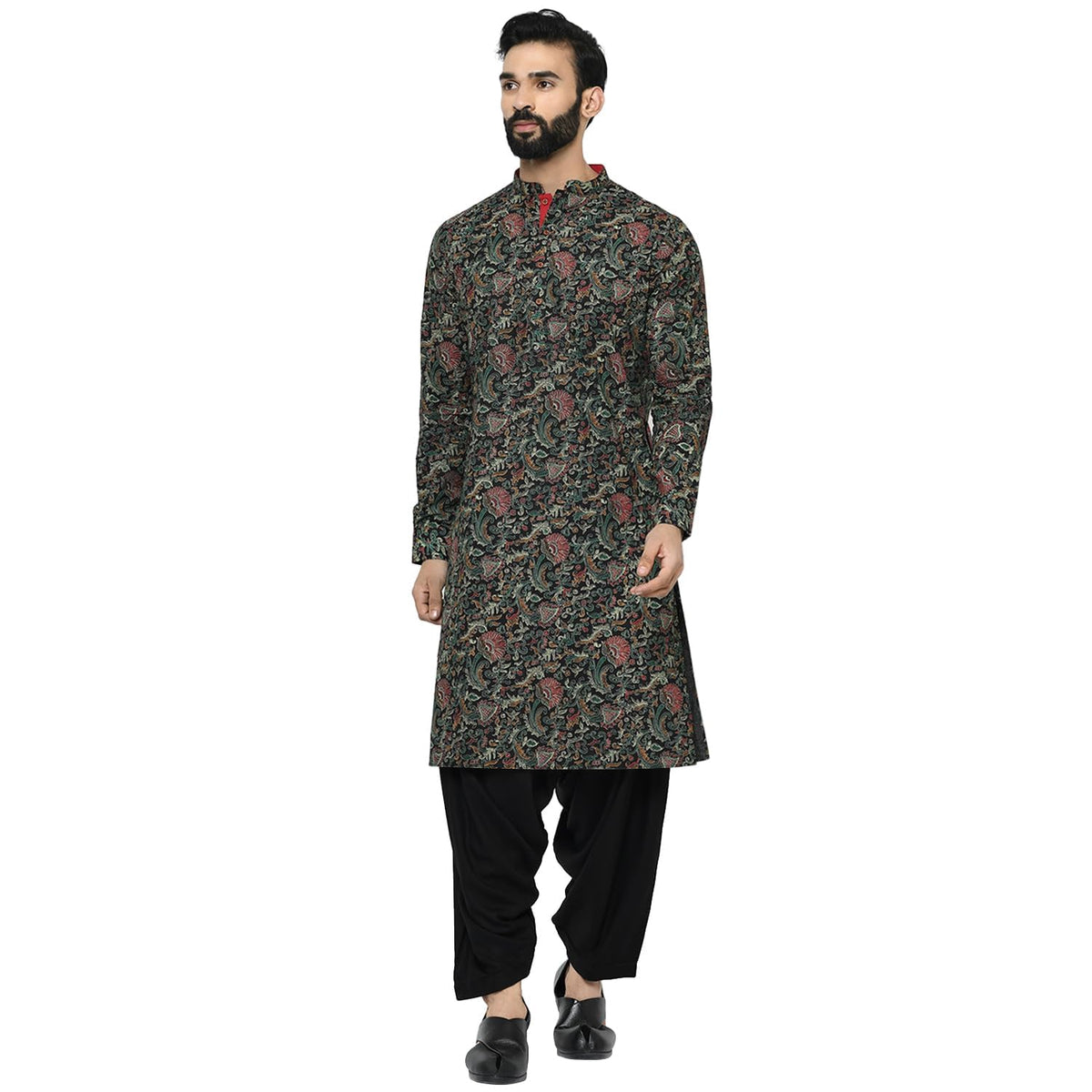 Kisah Men Black Green Ethnic Motifs Embroidered Kurta With Pyjamas, Full Sleaves, Knee Length, Straight, Regular Fit, Mandarin C